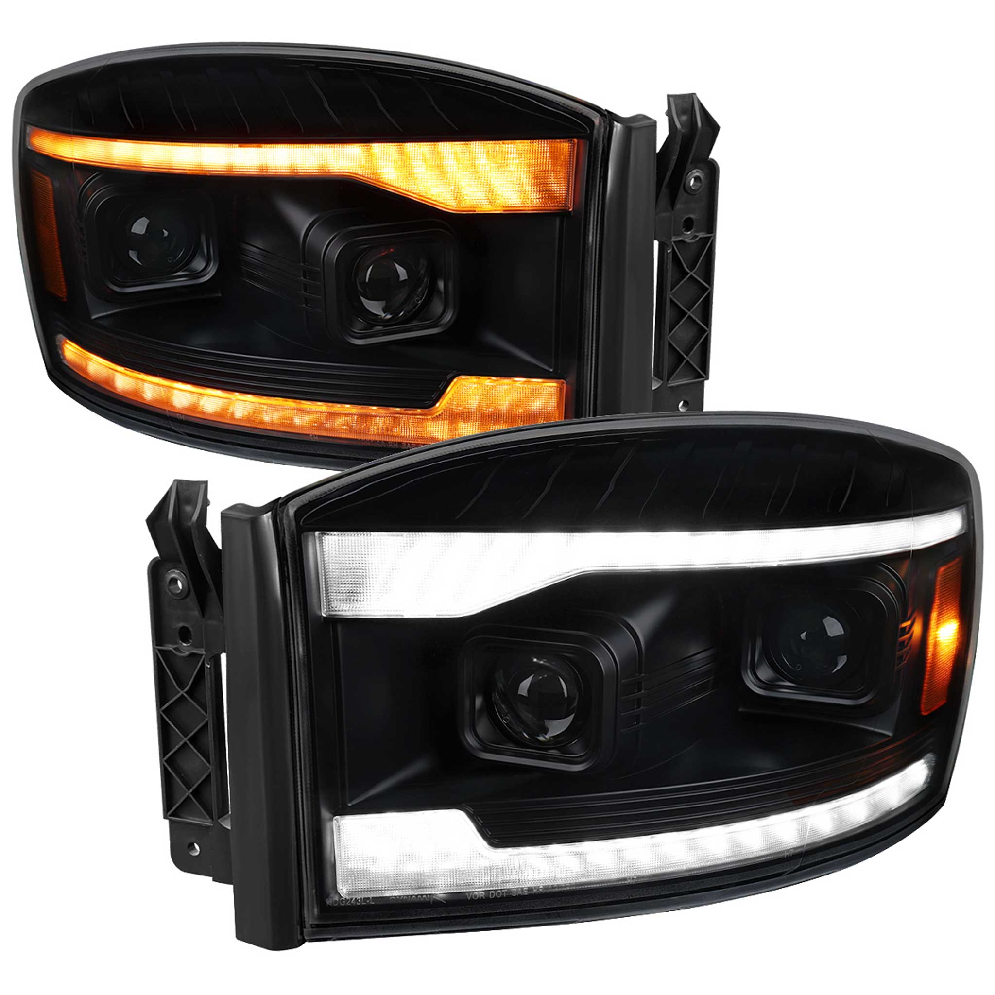 For Dodge RAM 1500 2006-08 / RAM 2500 3500 2006-09 Headlights LED Strip Turn Signal DRL Startup Animation Black Housing Smoked Lens
