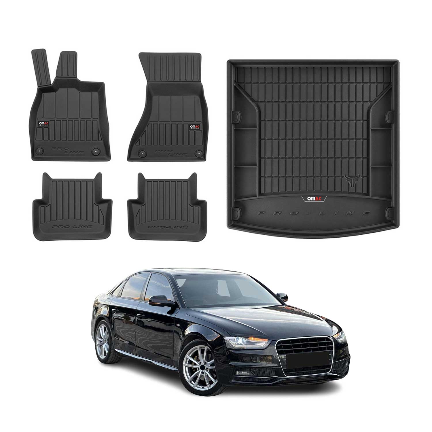 2009-2016 Audi A4 B8 Sedan Premium Floor Mats & Cargo Liner Full Set All Weather Heavy Duty Black