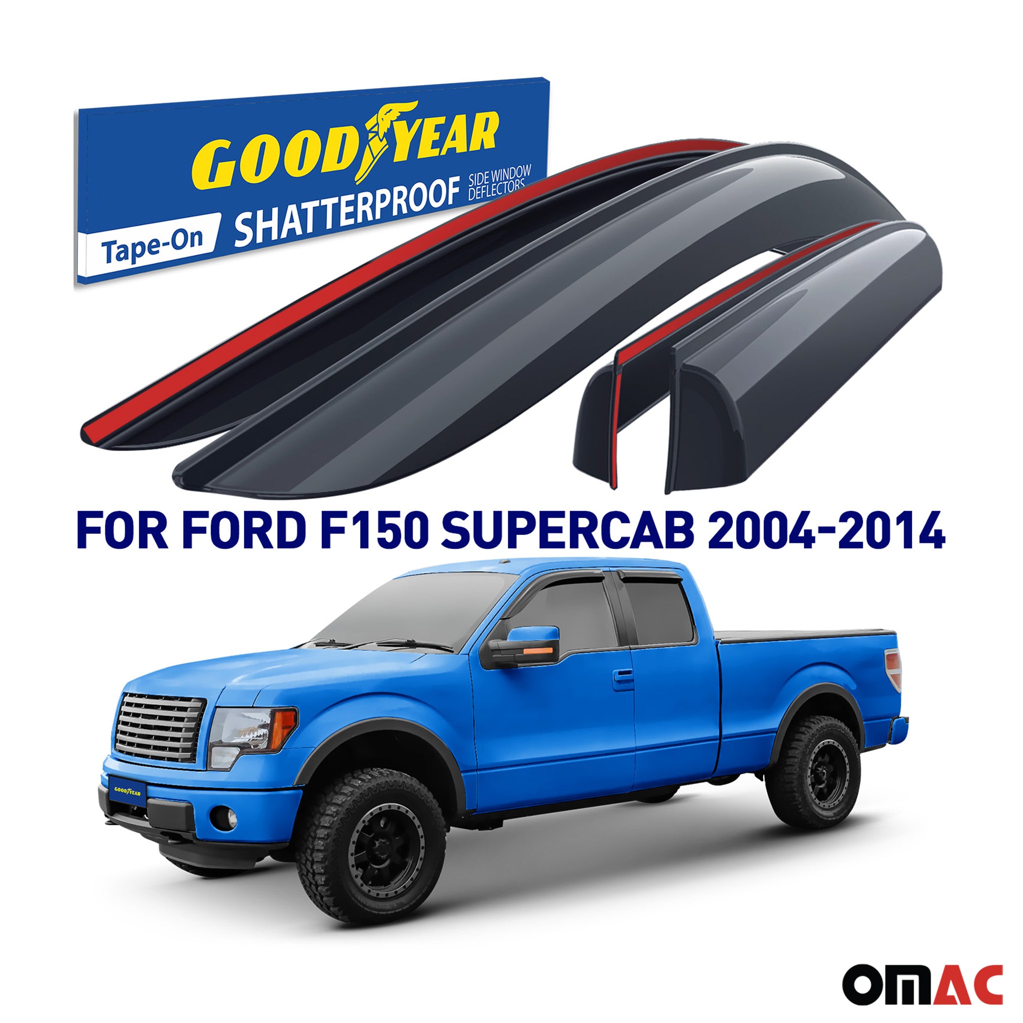 Goodyear Wind Deflectors for Ford F150 2004-2014 SuperCab Tape-On Smoke 4 pcs