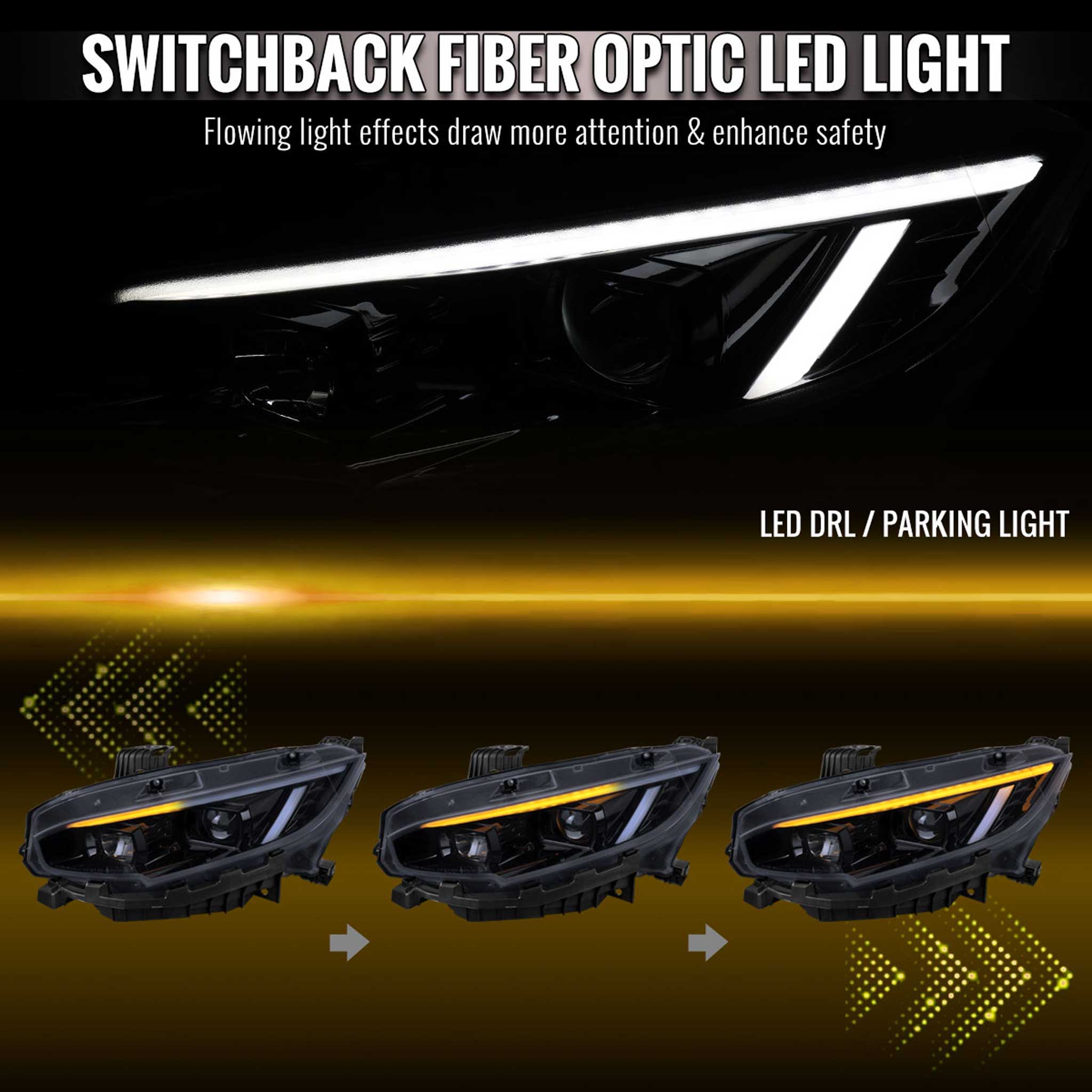 For Honda Civic 2016-2021 Projector Headlights Sequential DRL Glossy Black Housing Smoked Lens