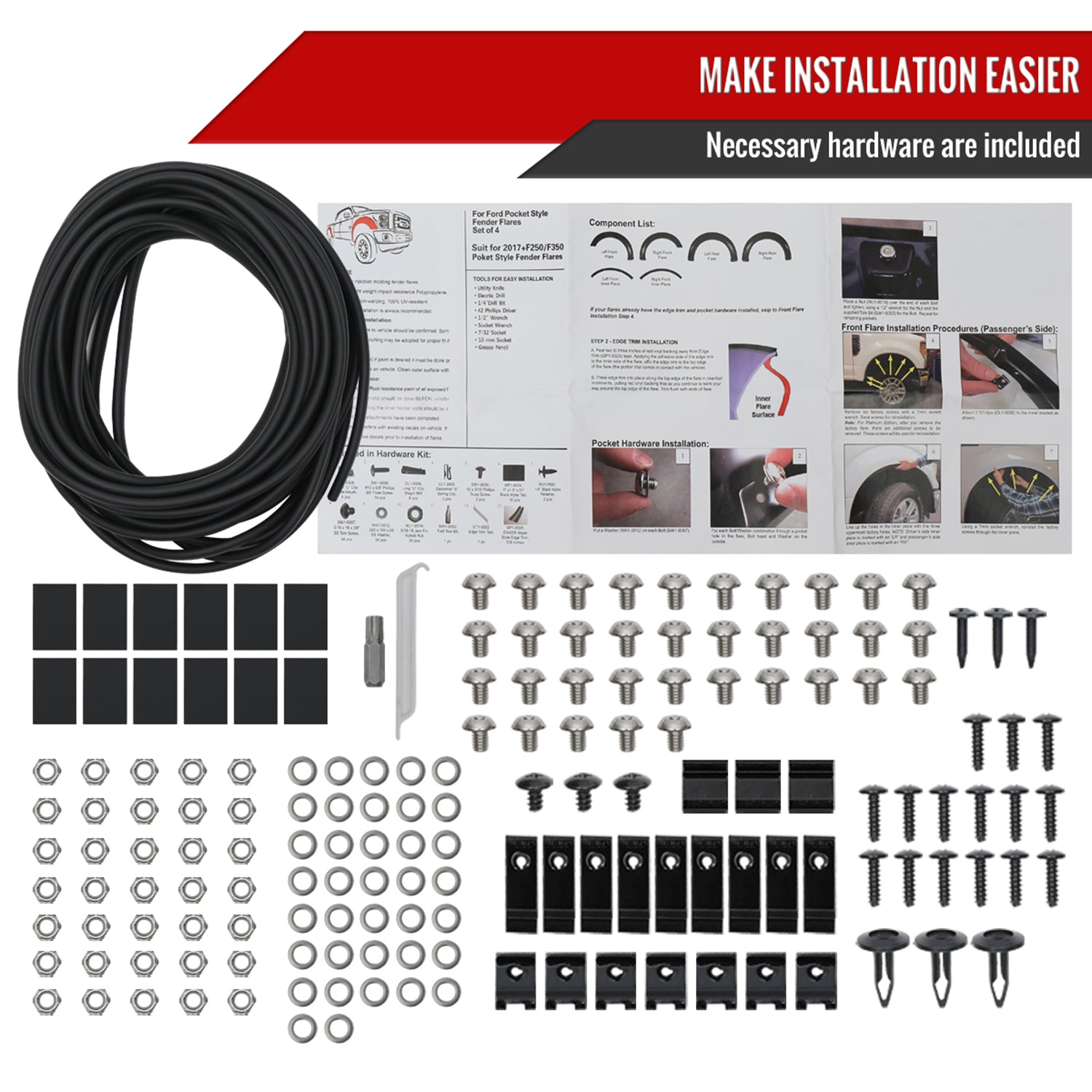 2023-2024 Ford F250 F350 Matte Black Rivet Style Fender Flares Protector