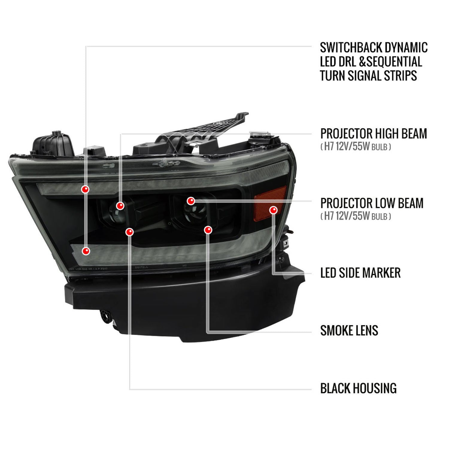 2019-2024 Dodge RAM 1500 Sequential LED Turn Signal Projector Headlights Smoke