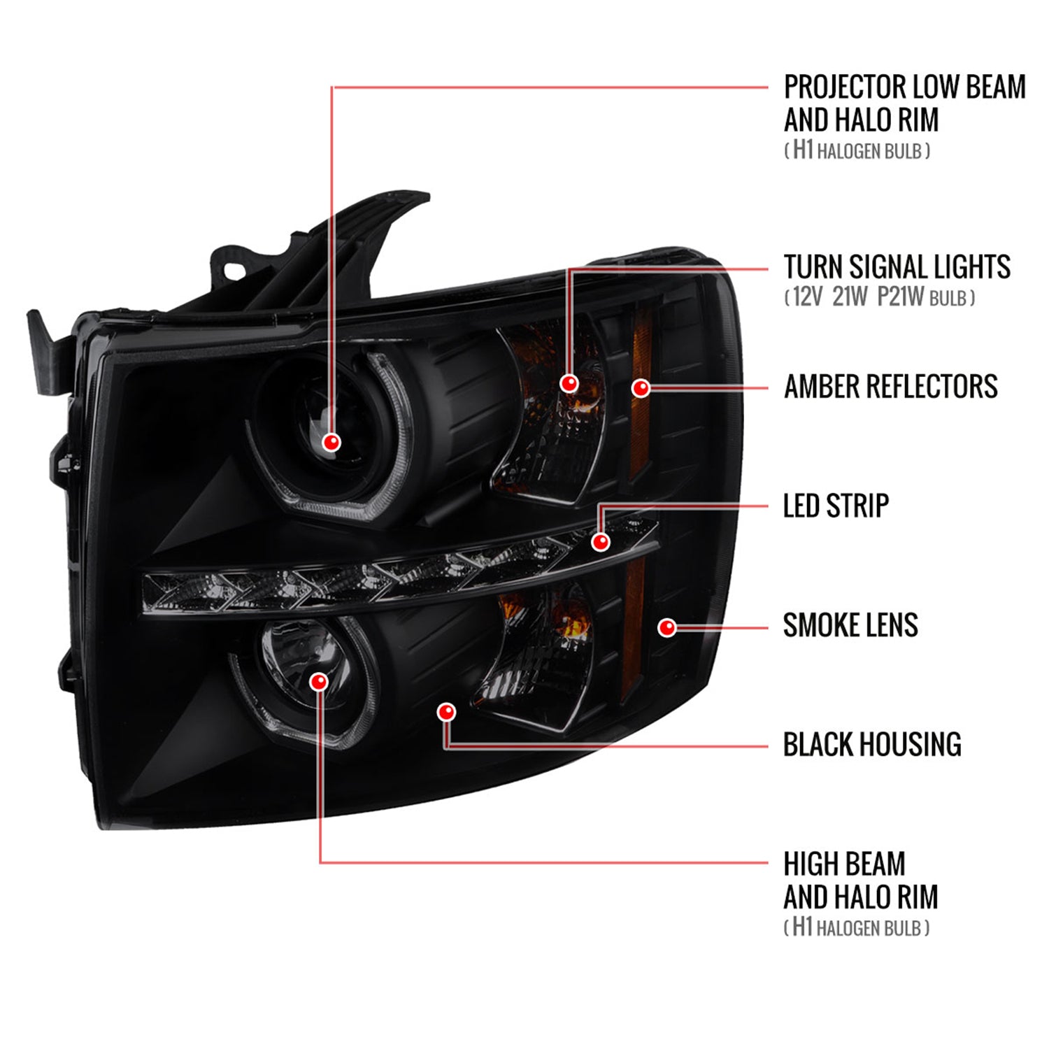 2007-2013 Chevy Silverado 1500 2500HD 3500HD Dual U-Ring Headlights LED Smoke