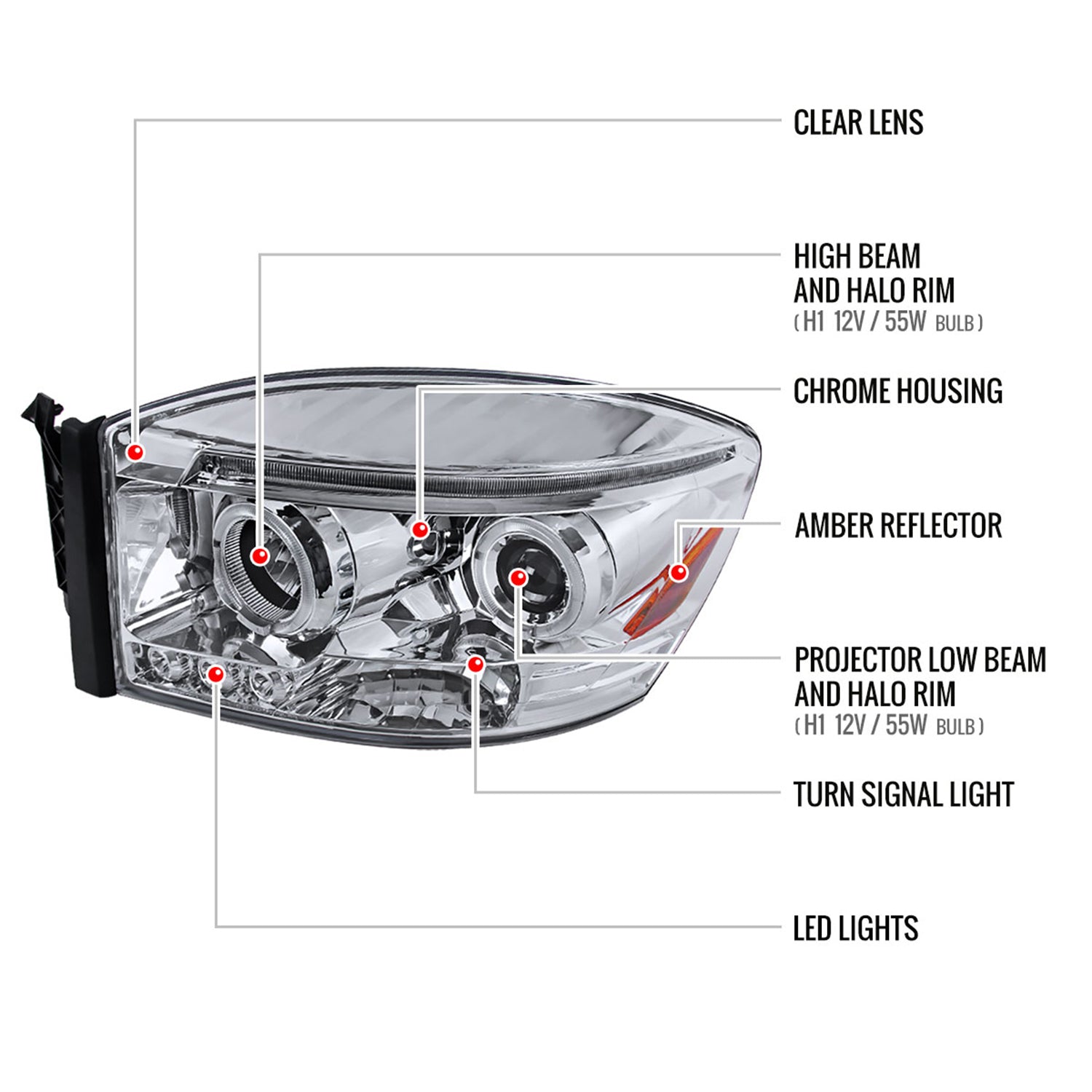 2006-2008 Dodge RAM 1500/ 06-2009 RAM 2500 3500 Dual Halo Headlights Chrome