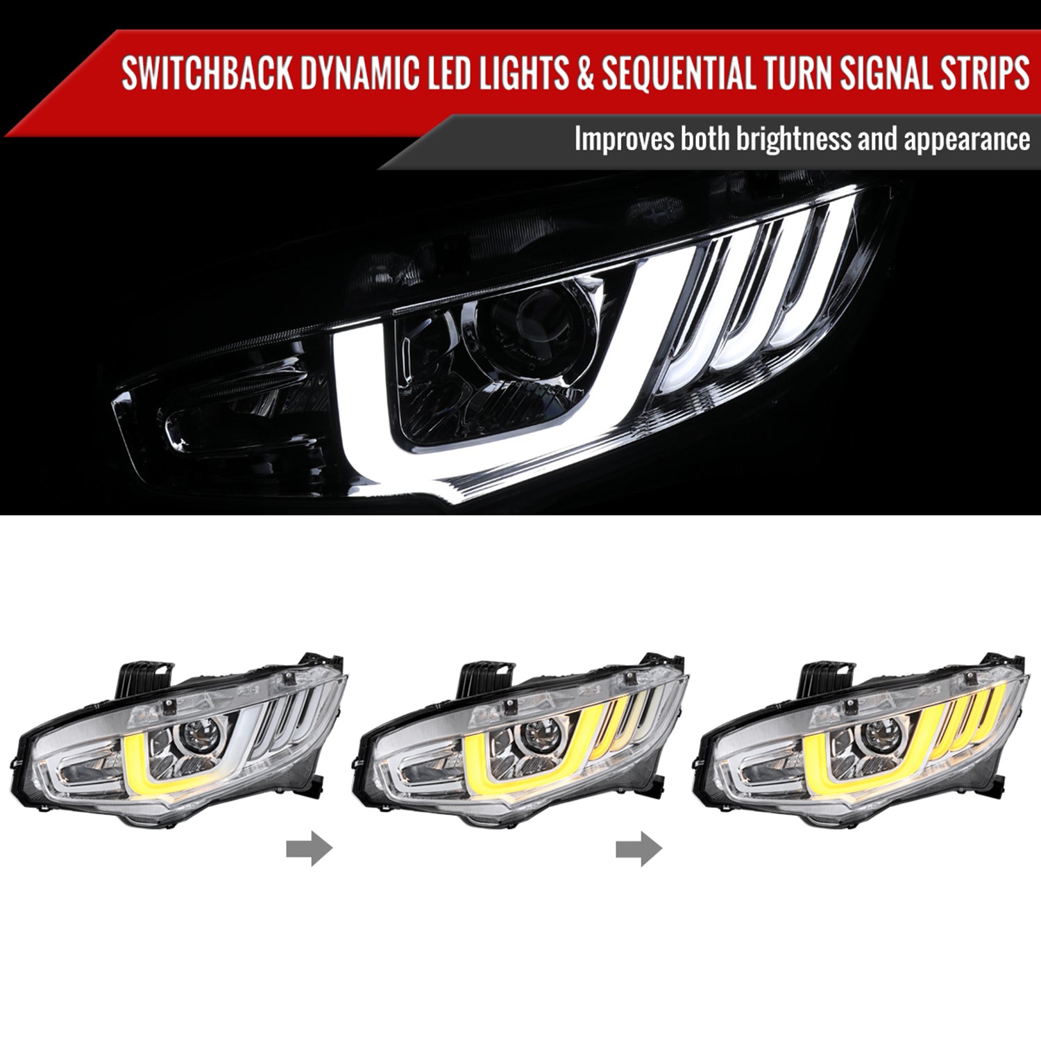 2016-2021 Honda Civic LED Headlights LED Sequential Turn Signal Chrome