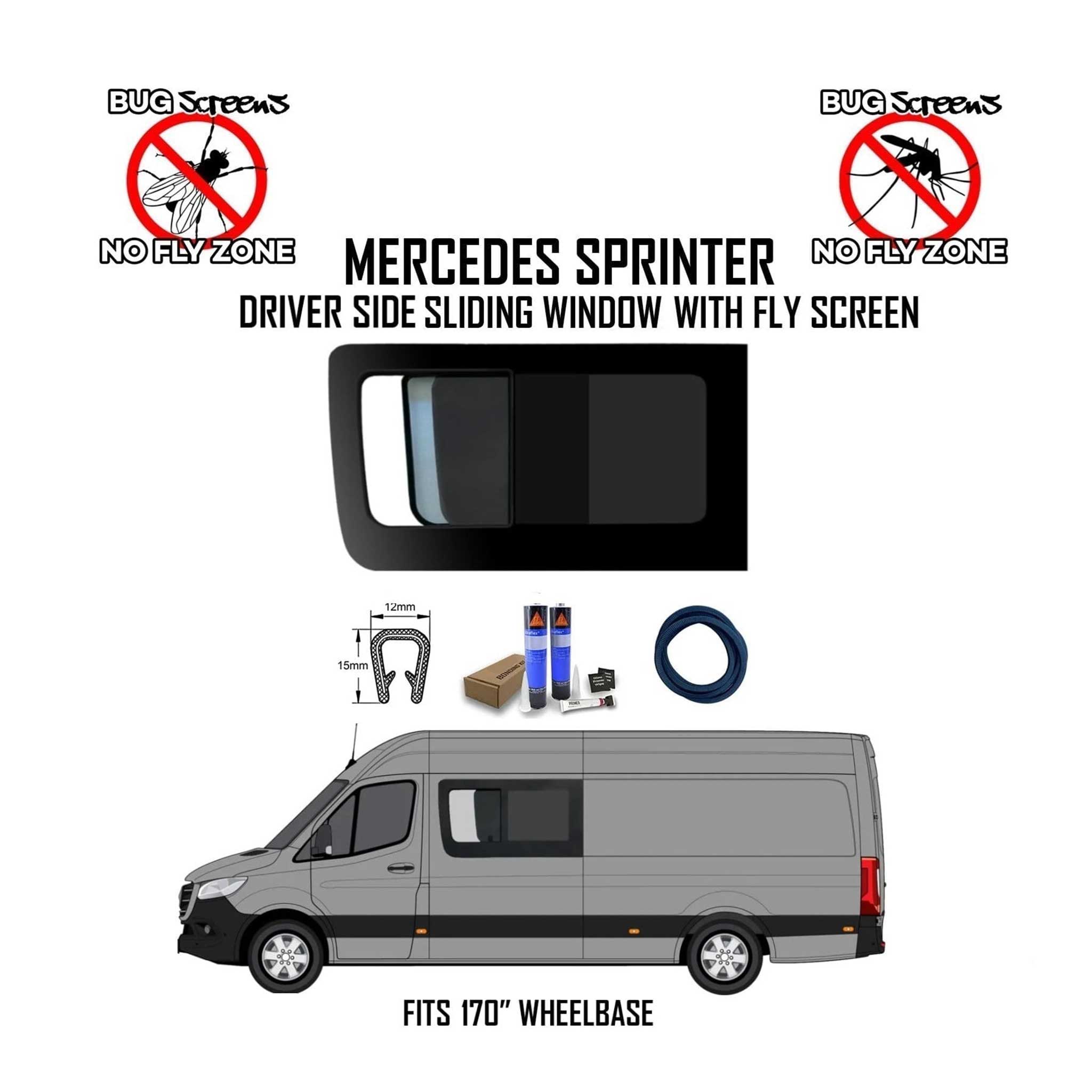 2007-2025 Mercedes Sprinter Driver Side Sliding Window with Fly Screen Lock