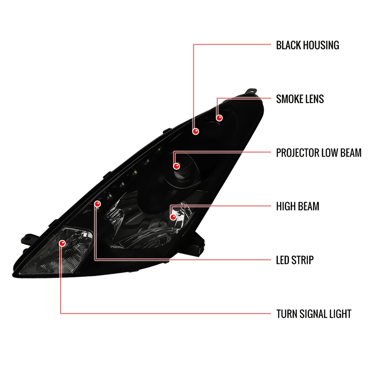 2000-2005 Toyota Celica Projector Headlights w/SMD LED Light Strip Black/Smoke