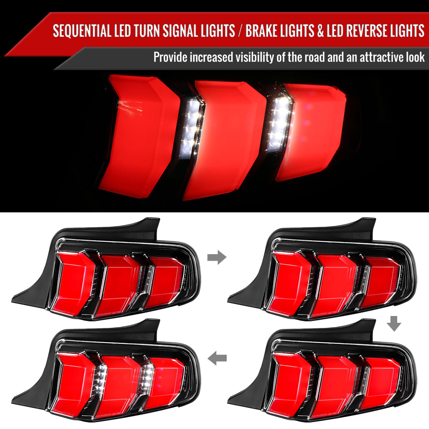 2010-2012 Ford Mustang Sequential LED Tail Lights Jet Black/Clear Lens