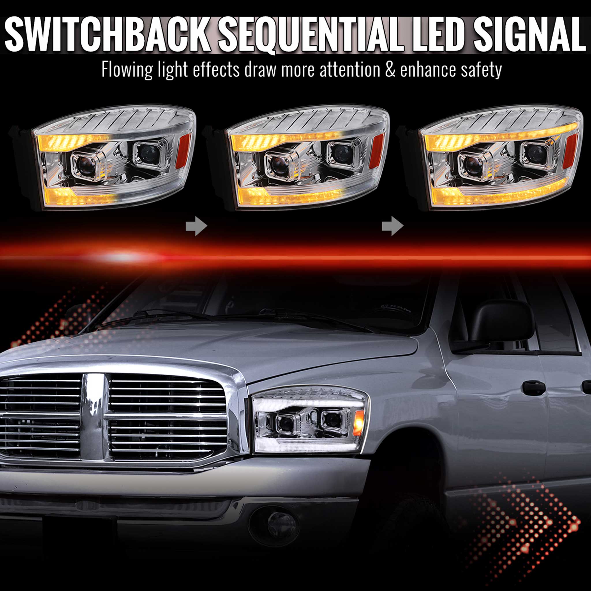 For Dodge RAM 1500 2006-08 / RAM 2500 3500 2006-09 Headlights Switchback LED Strips Turn Signals DRL Chrome Housing Lens