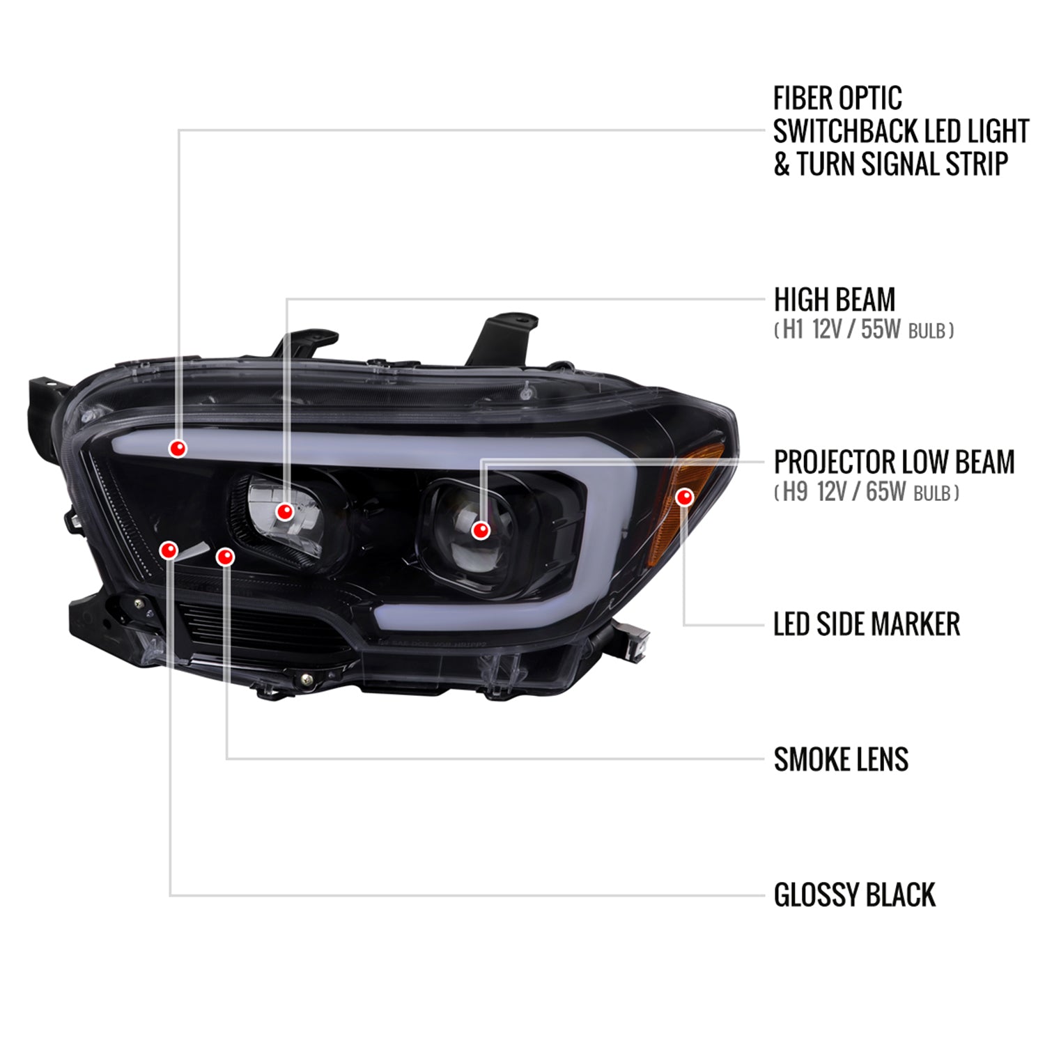 2016-2023 Toyota Tacoma Switchback LED C-Bar Projector Headlights Black/Smoke