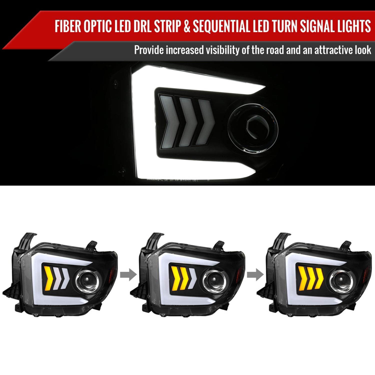 2014-2021 Toyota Tundra LED CBar Projector Headlights Arrow Turn Signals Black