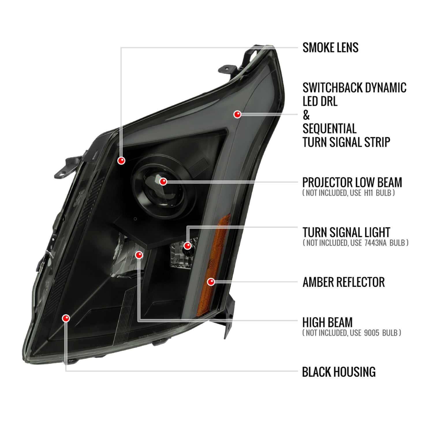 2010-2016 Cadillac SRX Projector Headlights Turn Signal LED Bar Smoke