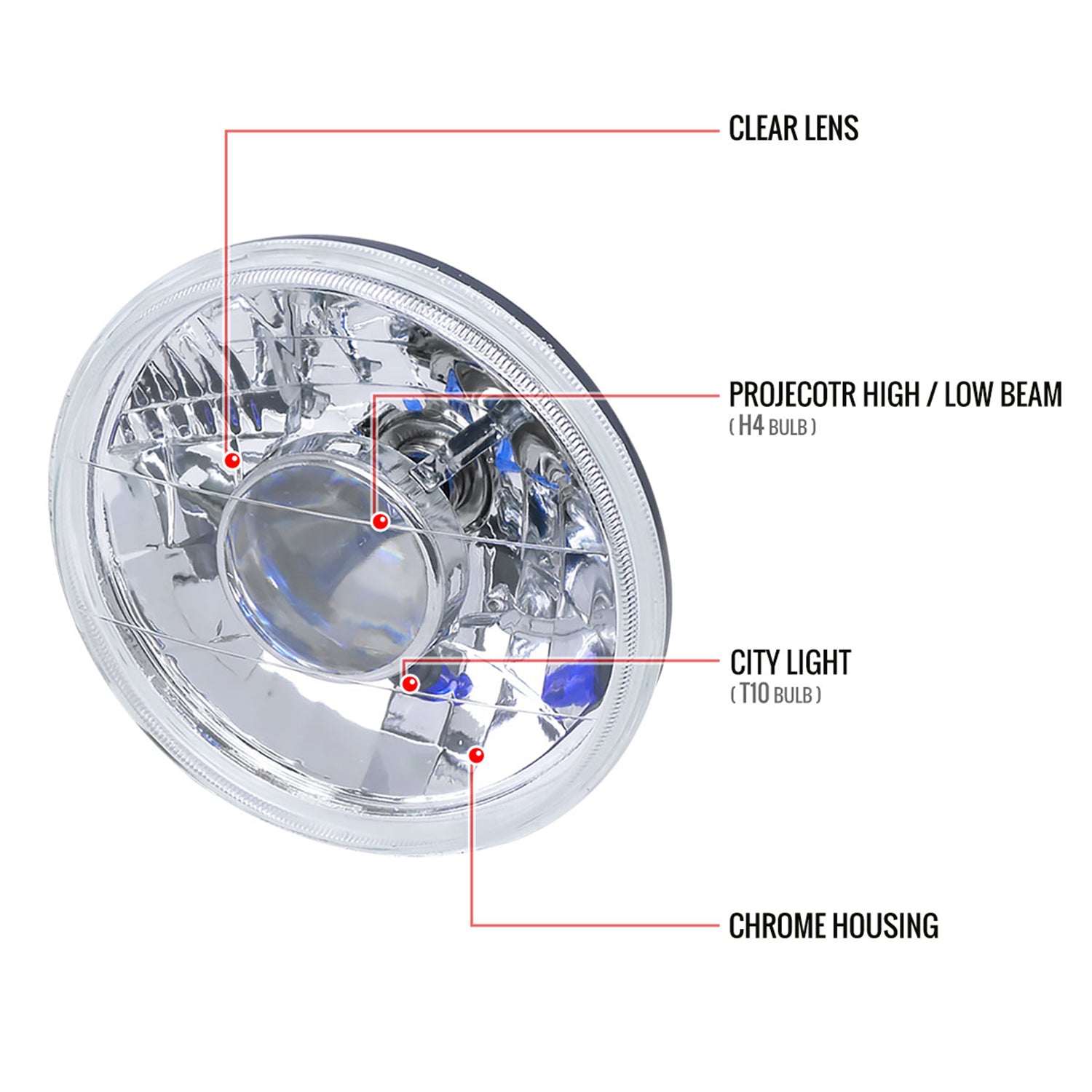 Universal 7" Round H4 Projector Headlights Chrome Housing/Clear Lens