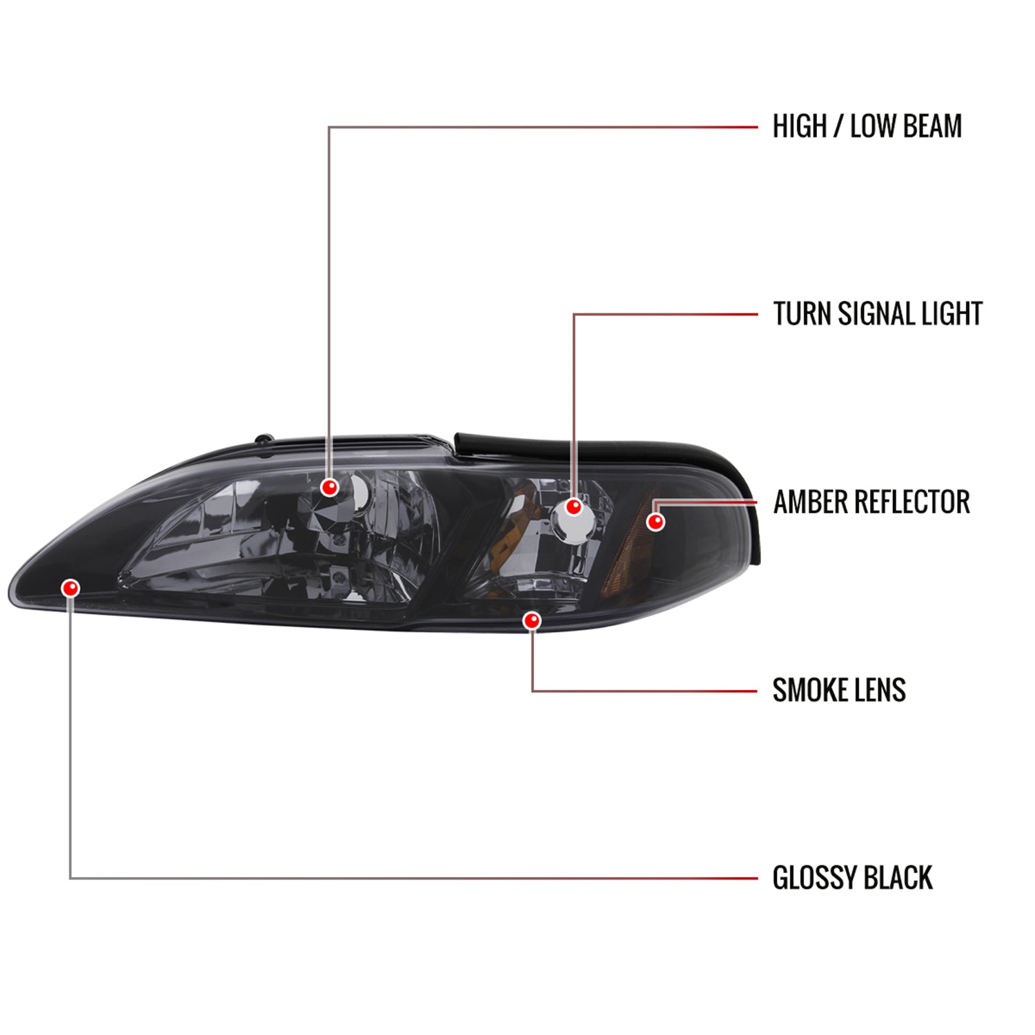 1994-1998 Ford Mustang 1PC Crystal Headlights w/Amber Reflectors Chrome/Smoke
