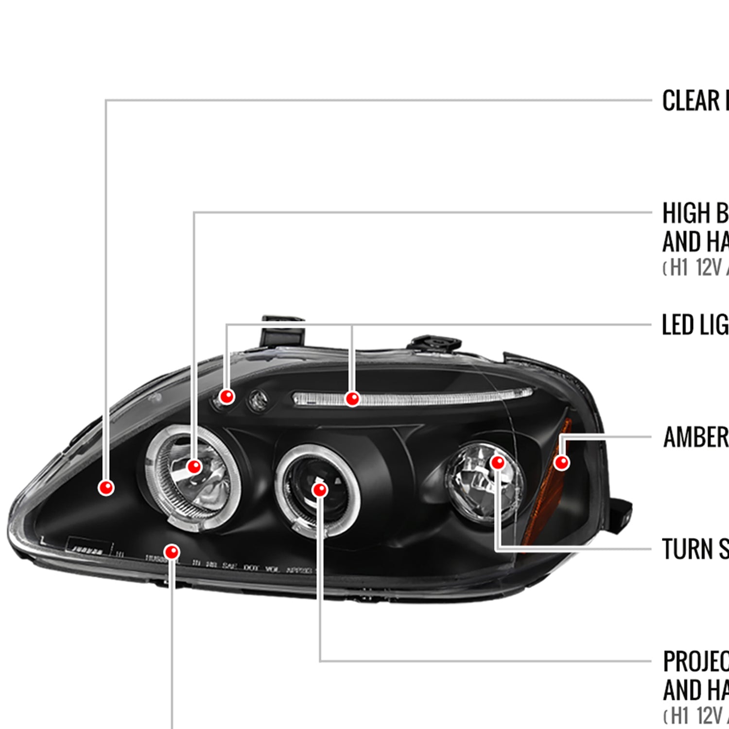 1999-2000 Honda Civic Dual Halo Projector Headlights Matte Black/Clear Lens