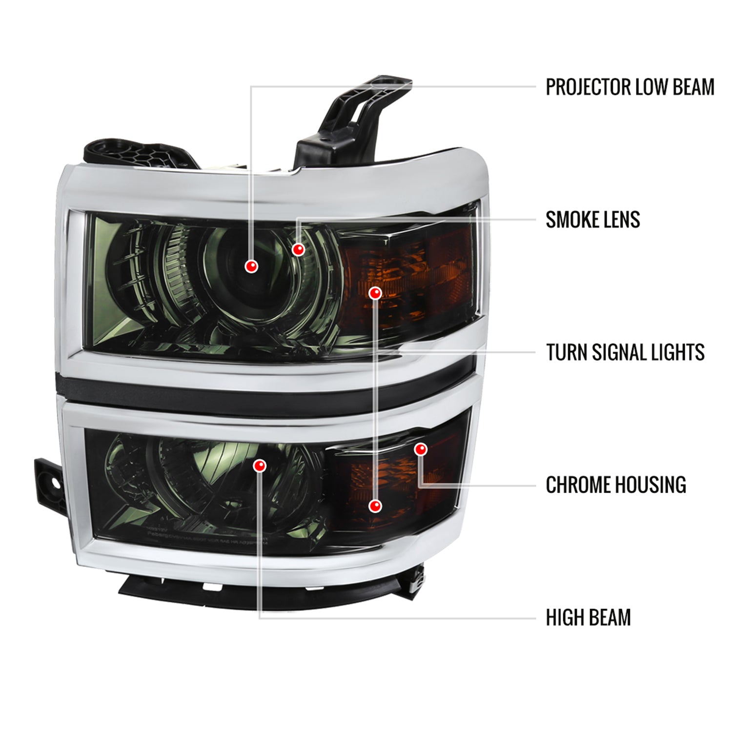 2014-2015 Chevy Silverado 1500 Projector Headlights Glossy Black/Smoke/Chrome