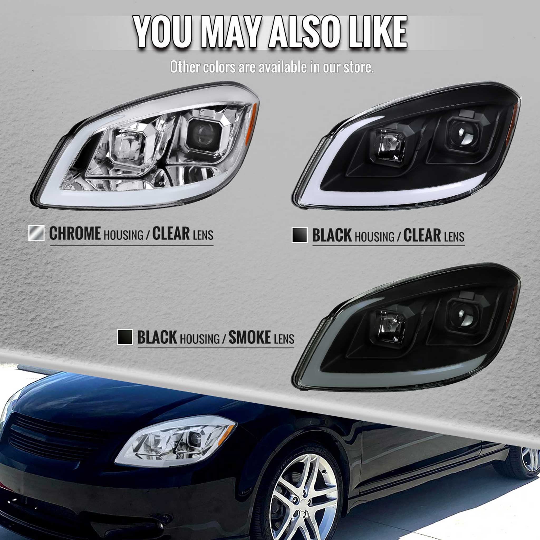 For Chevrolet Cobalt / Pontiac G5 2005-2010 Headlights Switchback LED Turn Signal DRL Light Strip Black Housing Smoked Lens