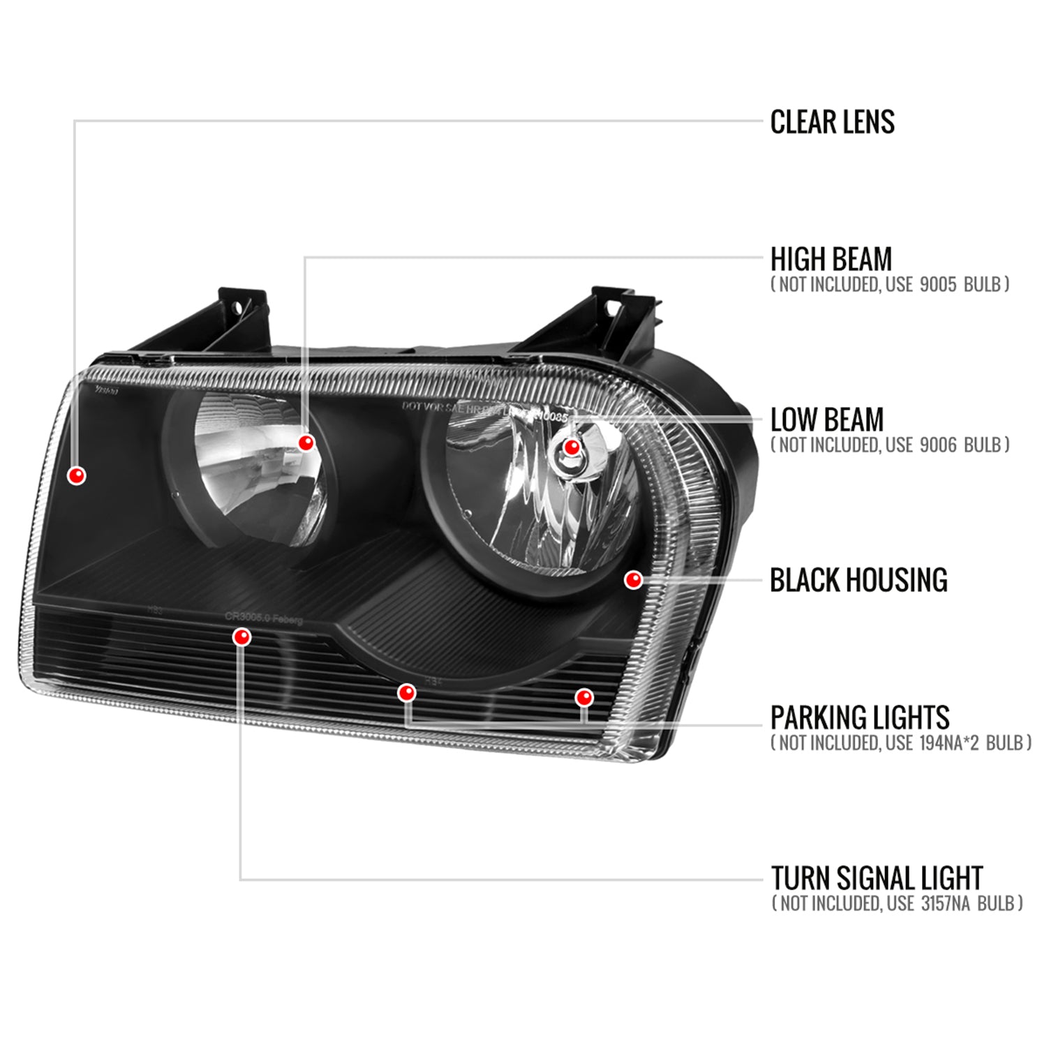 2005-2010 Chrysler 300 Factory Style Headlights Matte Black/Clear Lens