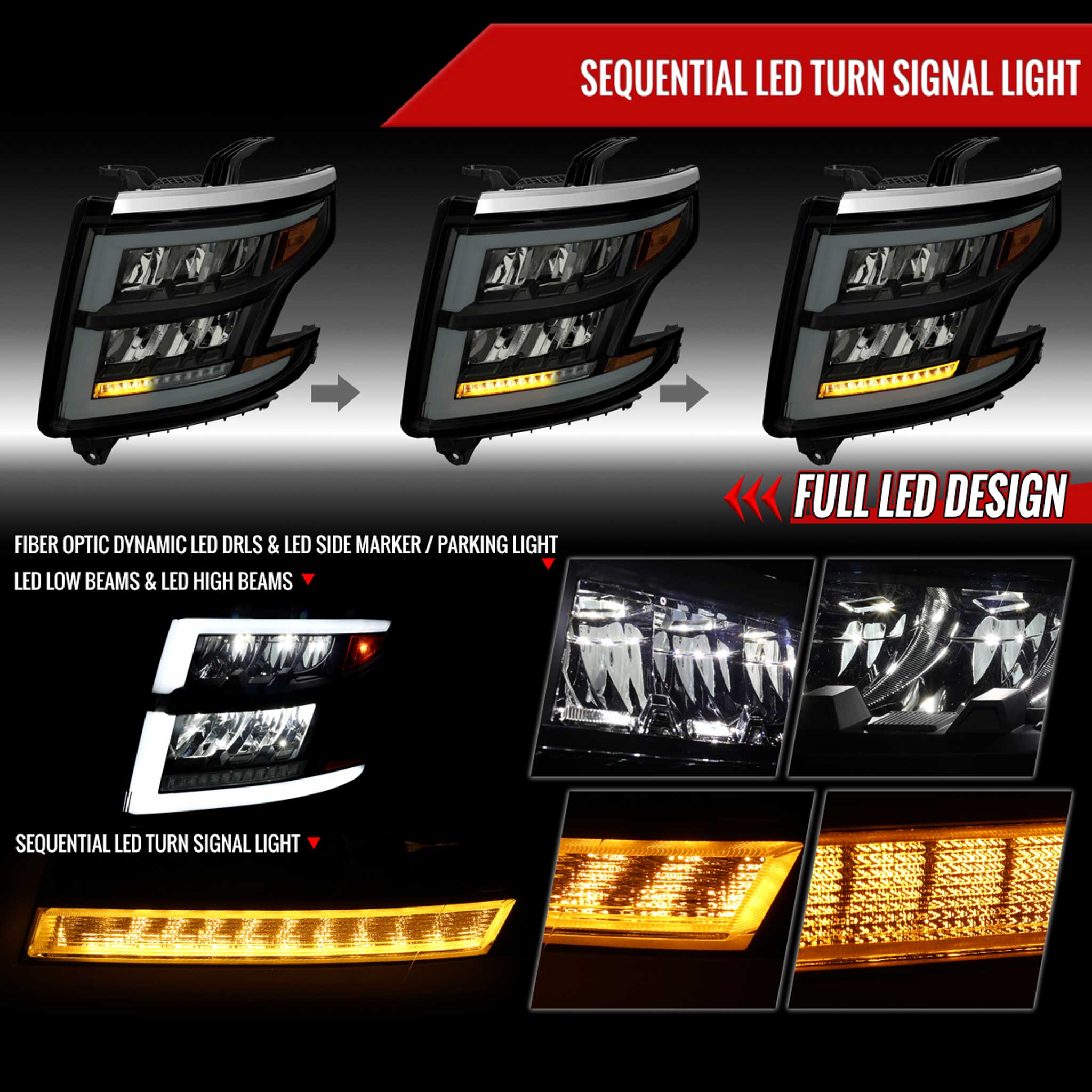 For Chevrolet Tahoe 2015-2020 Full LED DRL Sequential Headlights Matte Black Housing Smoked Lens