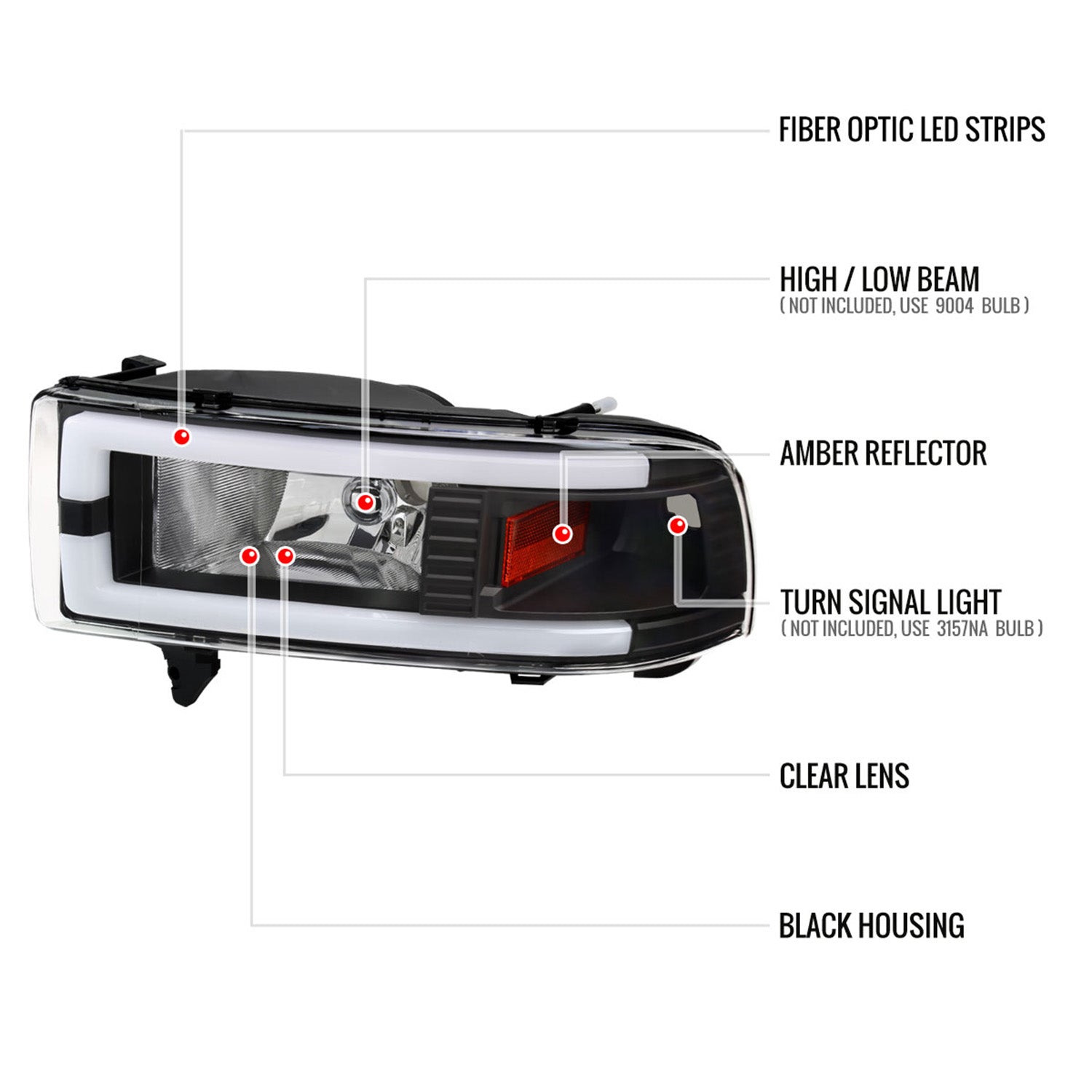 1994-2001 Dodge RAM 1500/2500/3500 Dual LED Bar Factory Headlights Black Amber