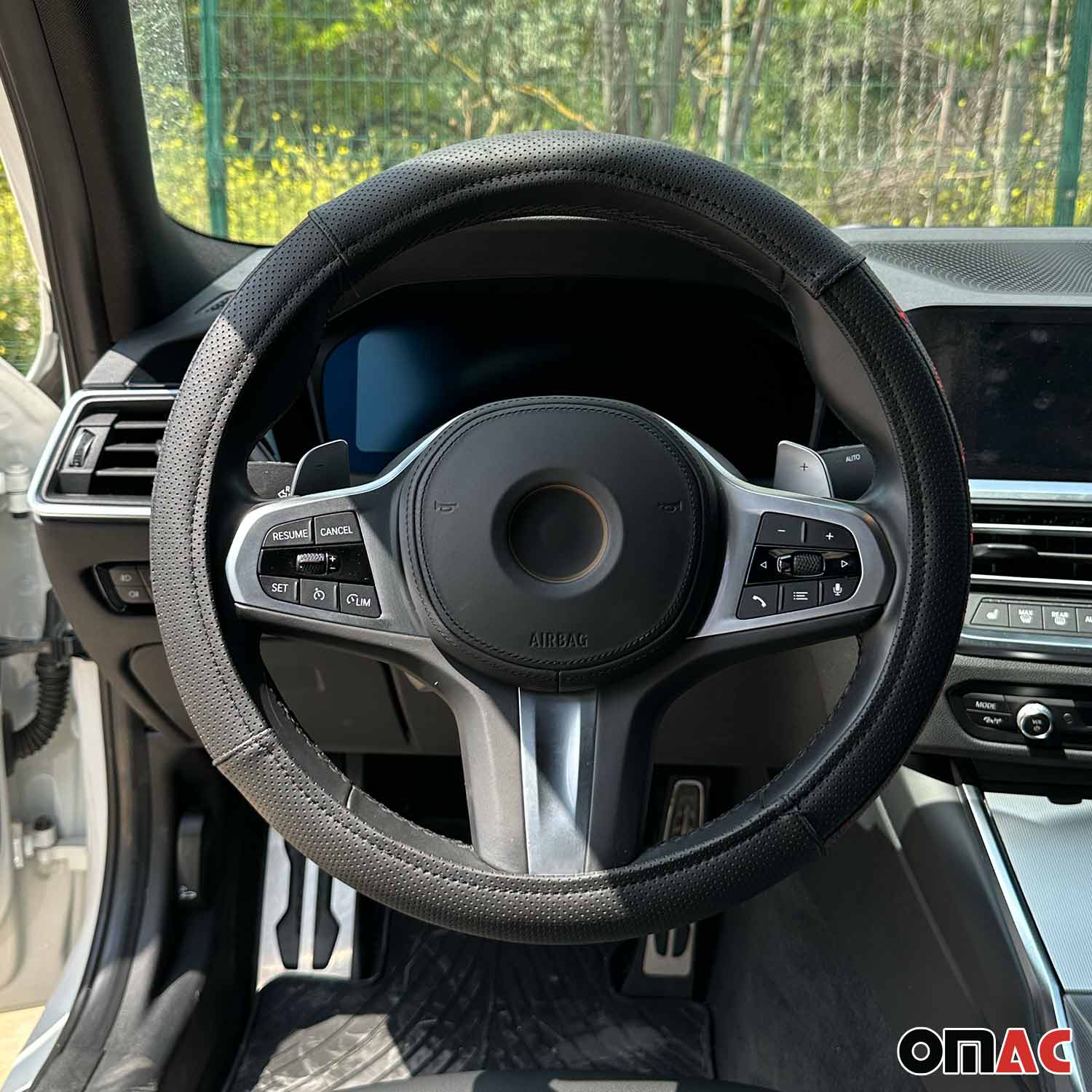 14.5-15.5’’ Steering Wheel Cover Red Stitches Leather Anti-slip Breathable