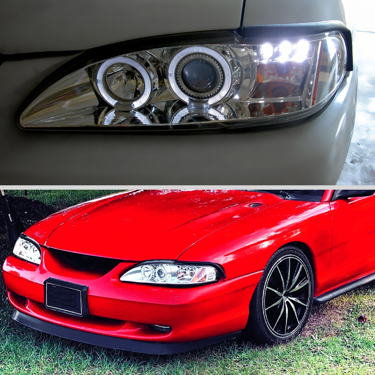 1994-1998 Ford Mustang Dual Halo Projector Headlights Chrome/Clear Lens