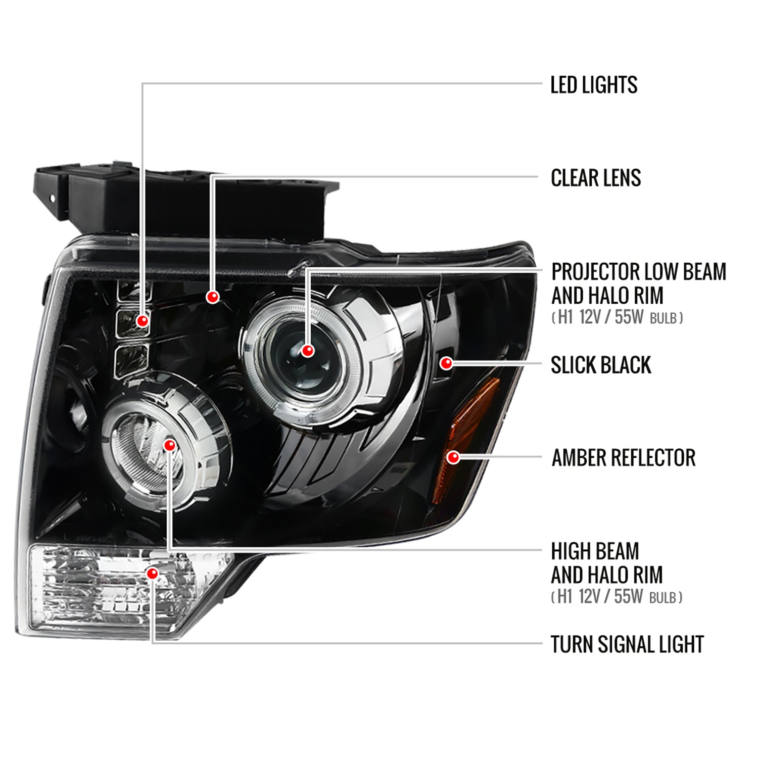2009-2014 Ford F-150 Dual Halo Projector Headlights Jet Black/Clear Lens