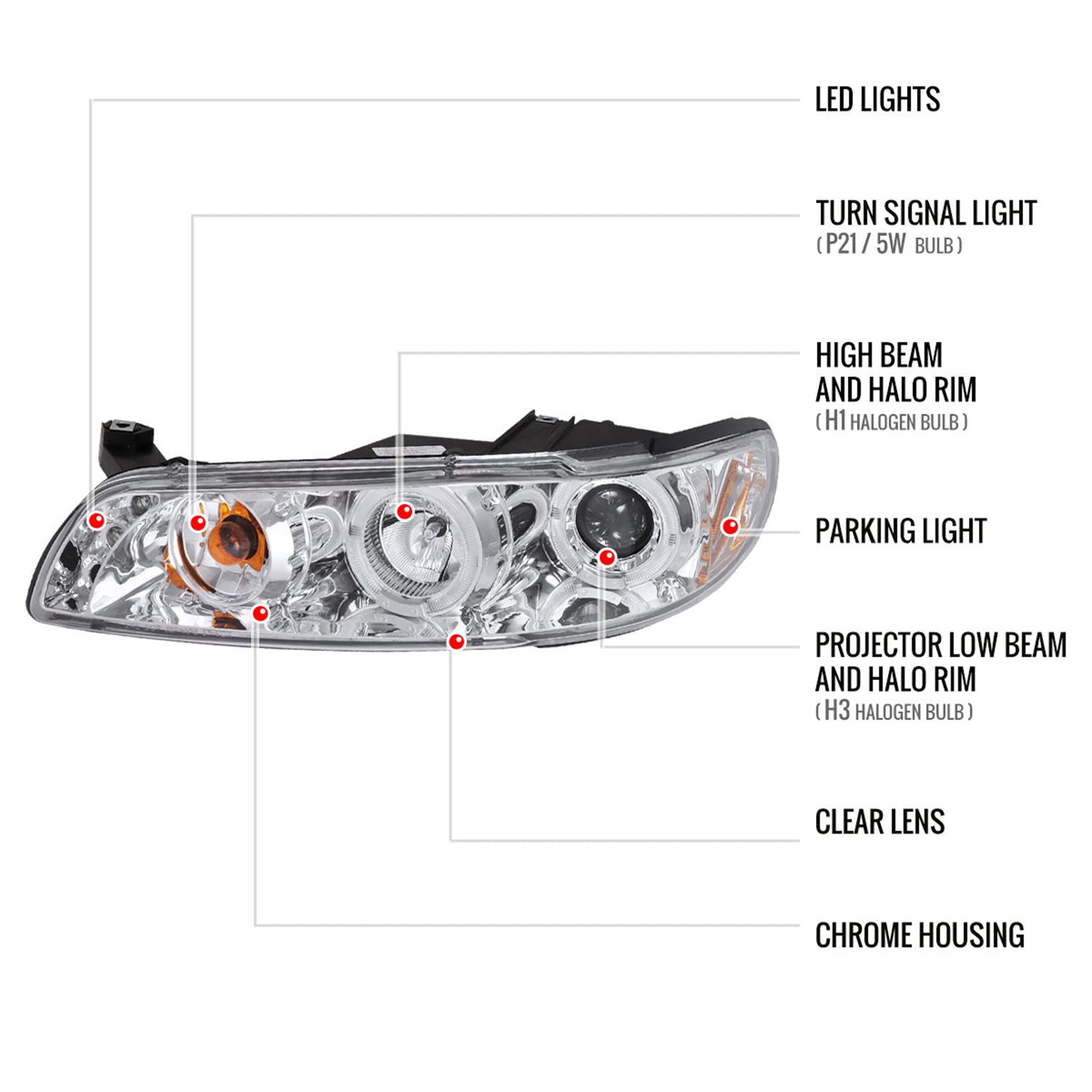 1997-2003 Pontiac Grand Prix Dual Halo Projector Headlights Chrome/Clear Lens