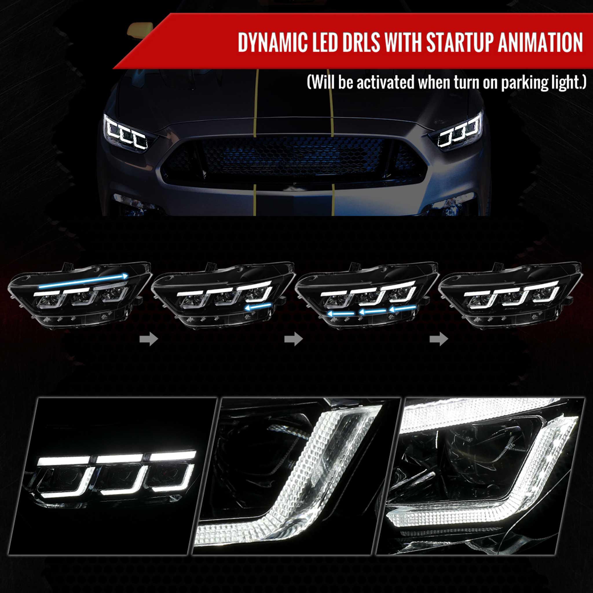 For Ford Mustang 2015-2017 Full LED Projector Headlights Sequential Start-Up Black Clear Lens