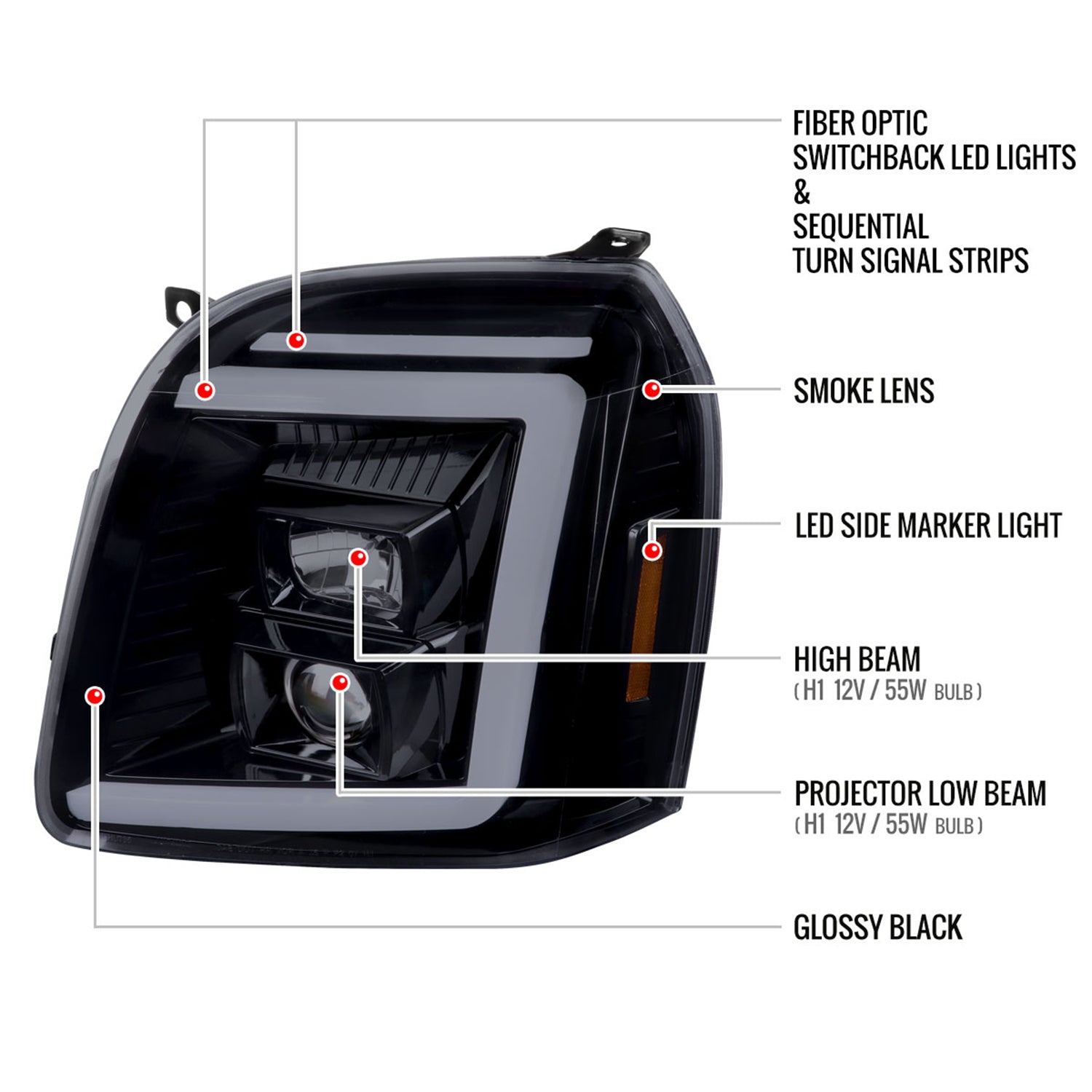 2007-2014 GMC Yukon/XL 1500/XL 2500 LED Turn Signal Projector Headlights Smoke