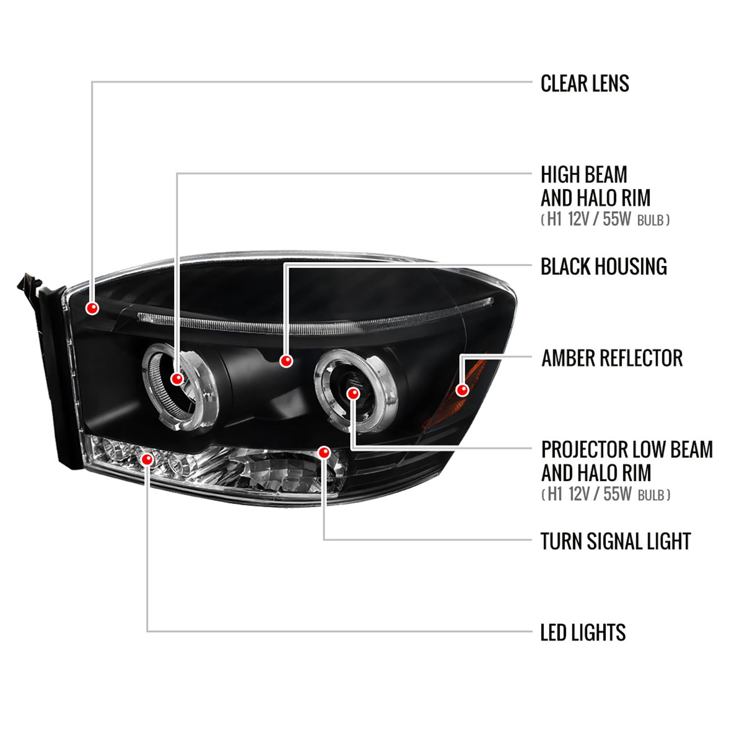 2006-2008 Dodge RAM 1500/ 06-2009 RAM 2500 3500 Dual Halo Headlights Black