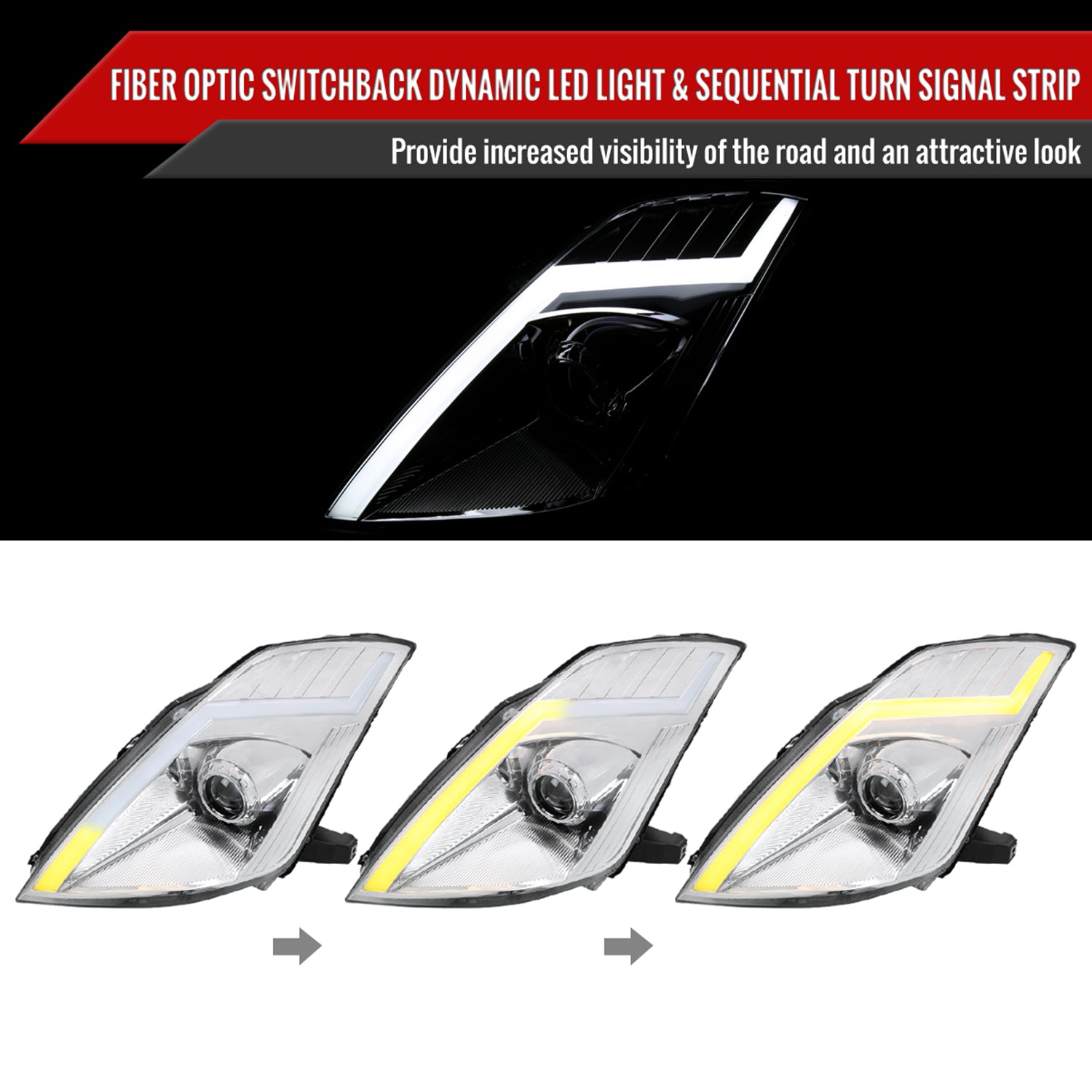2006-2009 Nissan 350Z Turn Signal Animated LED Bar Projector Headlights Chrome