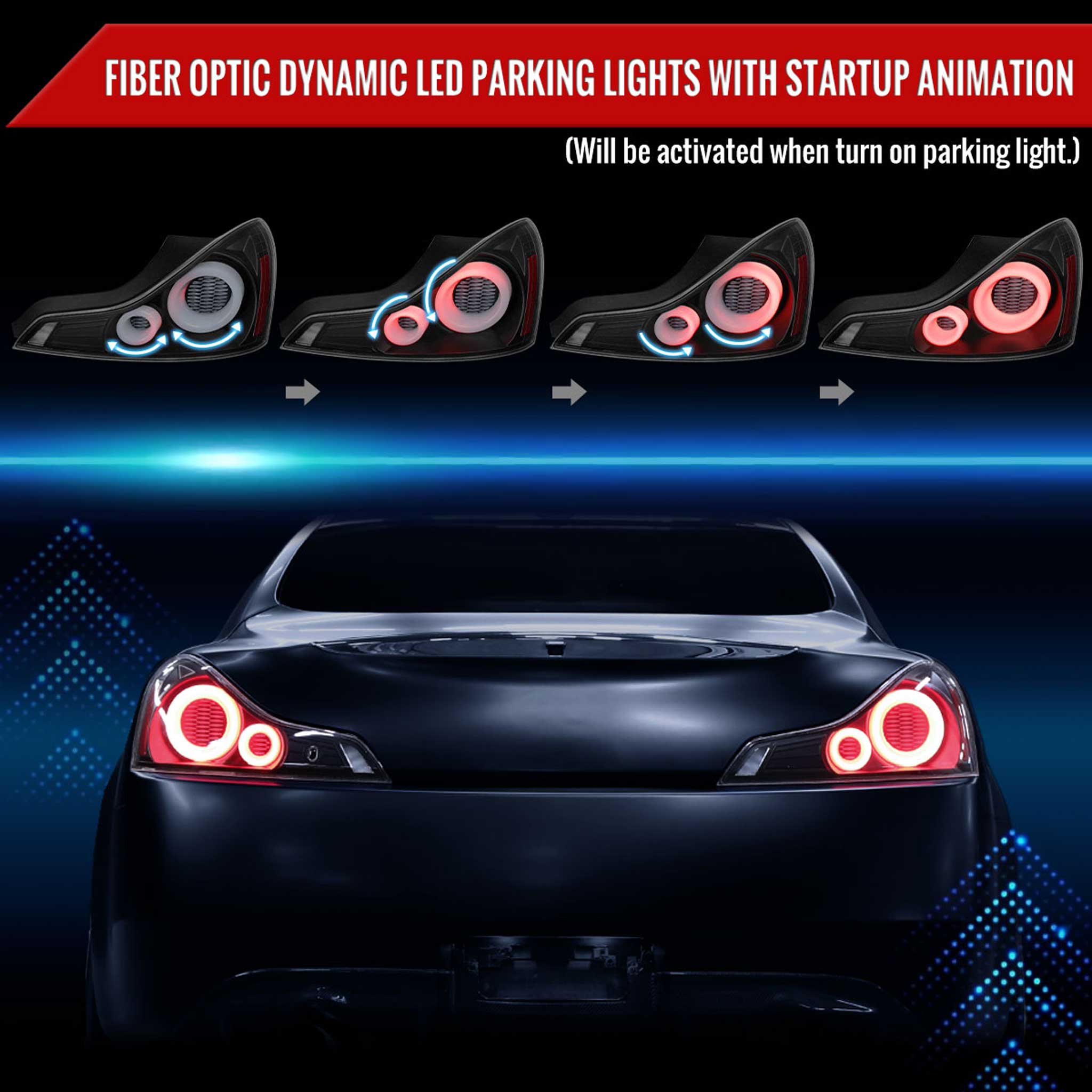 For Infiniti G37 2008-13 / Q60 Coupe 2014-15 LED Tail Light Switchback Sequential Turn Signals Matte Black Housing Clear Lens