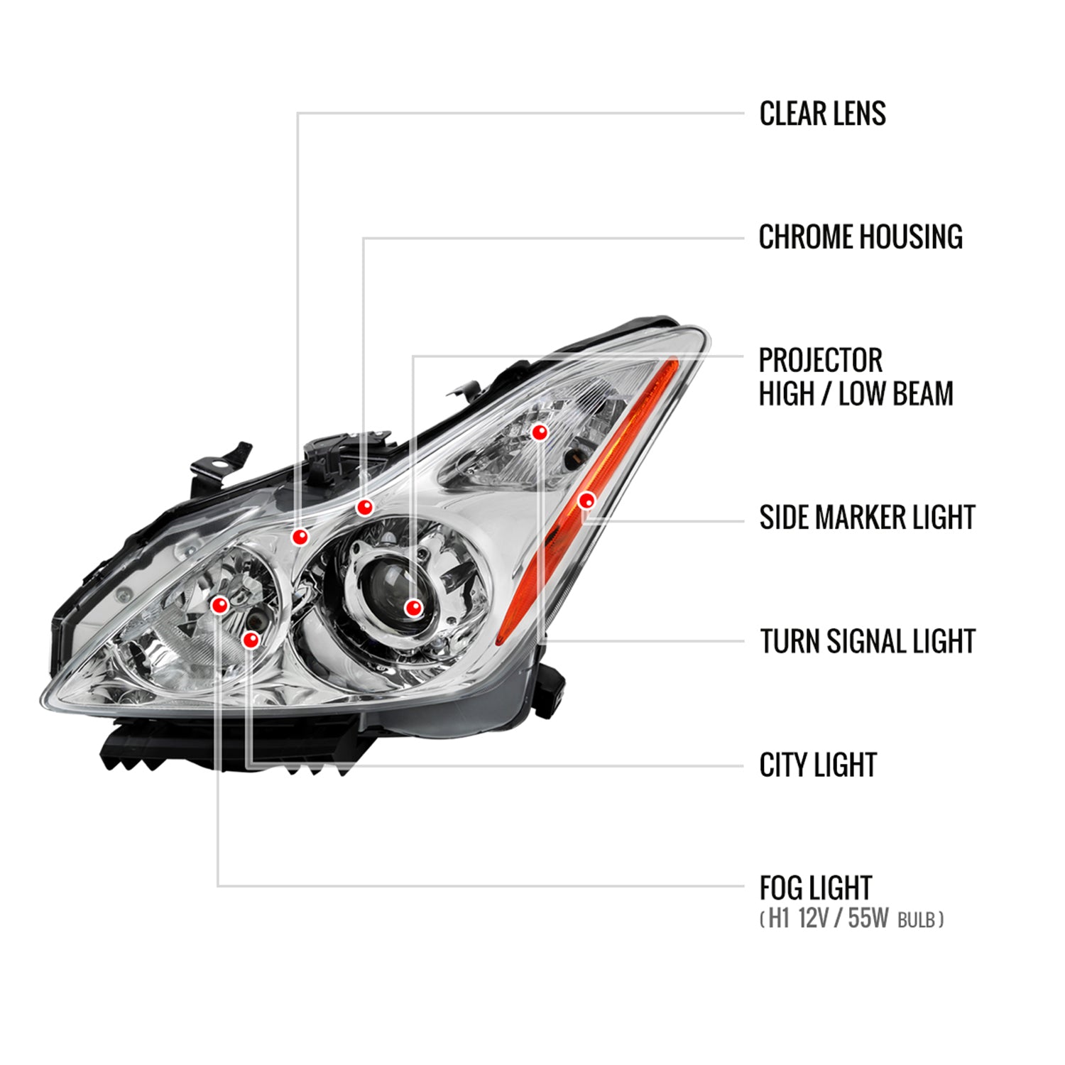 2008-2013 Infiniti G37/2014-2015 Q60 Factory Style Projector Headlights Chrome