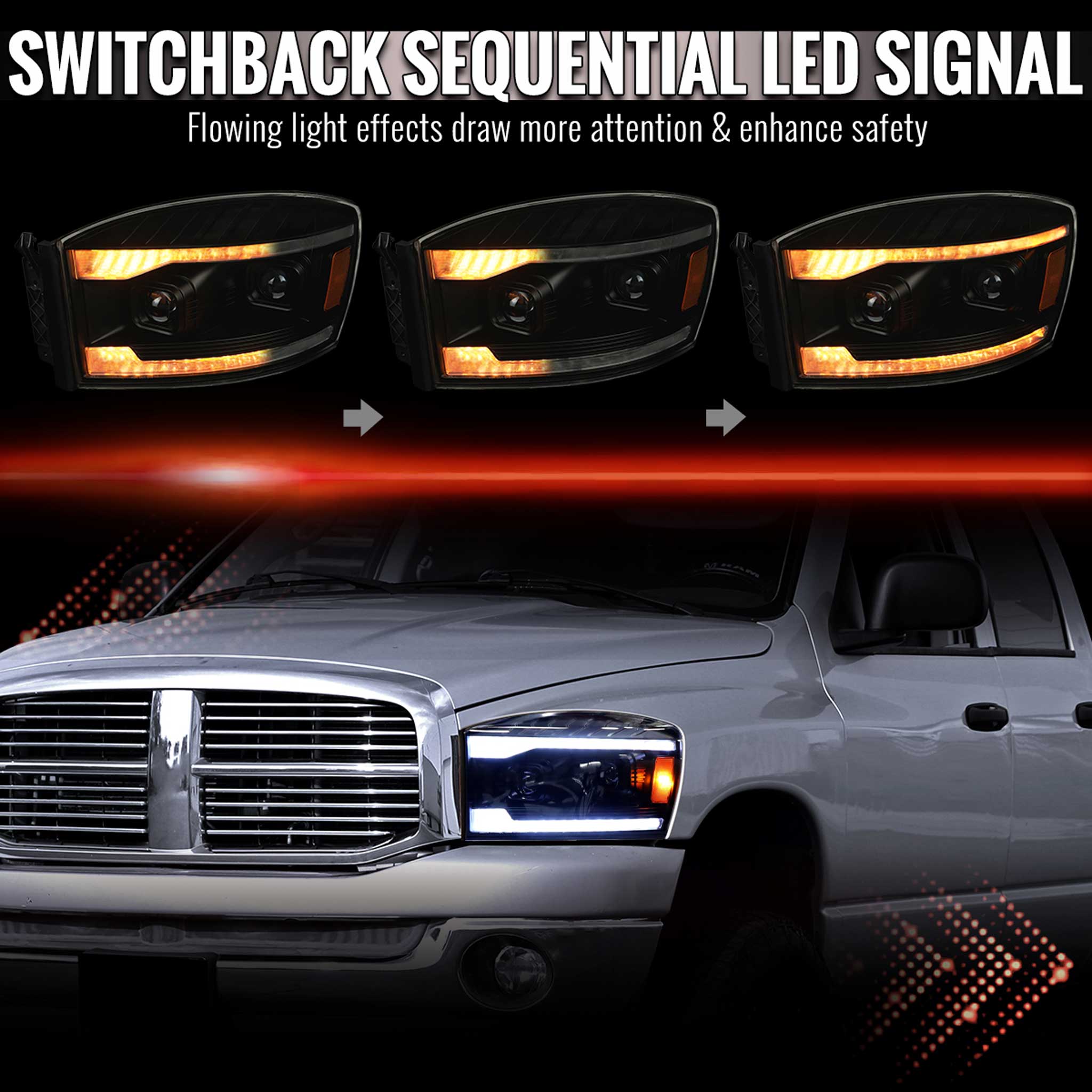 For Dodge RAM 1500 2006-08 / RAM 2500 3500 2006-09 Headlights LED Strip Turn Signal DRL Startup Animation Black Housing Smoked Lens