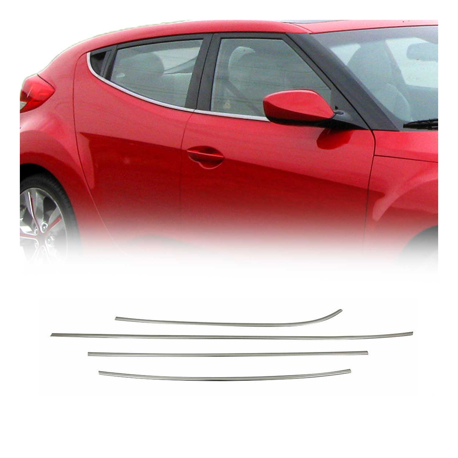 2012-2017 Hyundai Veloster Window Molding Trim Streamer Stainless Steel Silver 4 Pcs