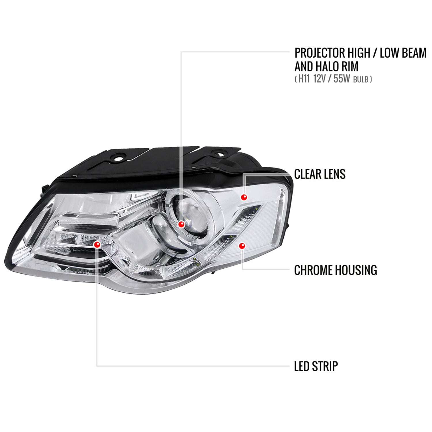 2006-2010 VW Passat Halo Projector Headlights R8 LED Light Strip Chrome