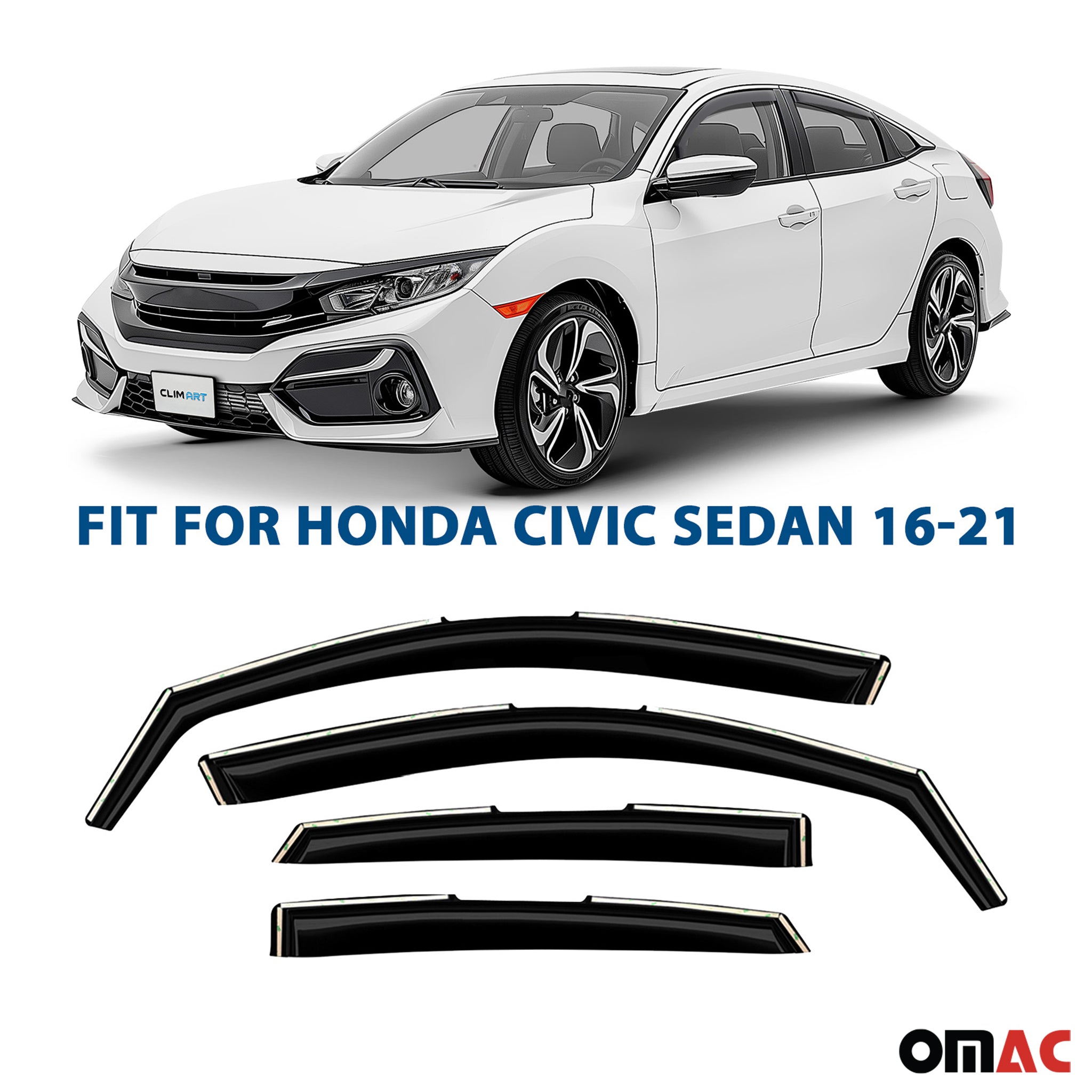 Clim Art Wind Deflectors for Honda Civic 2016-2021 Sedan Shatterproof 4 Pcs
