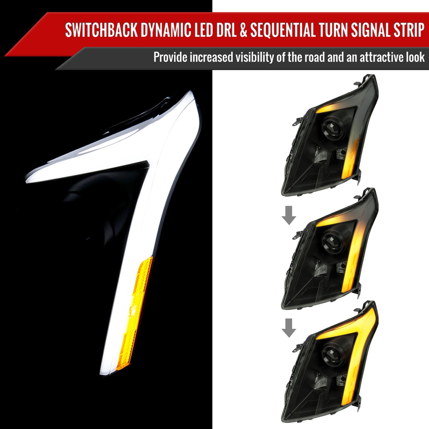 2010-2016 Cadillac SRX Projector Headlights Turn Signal LED Bar Smoke