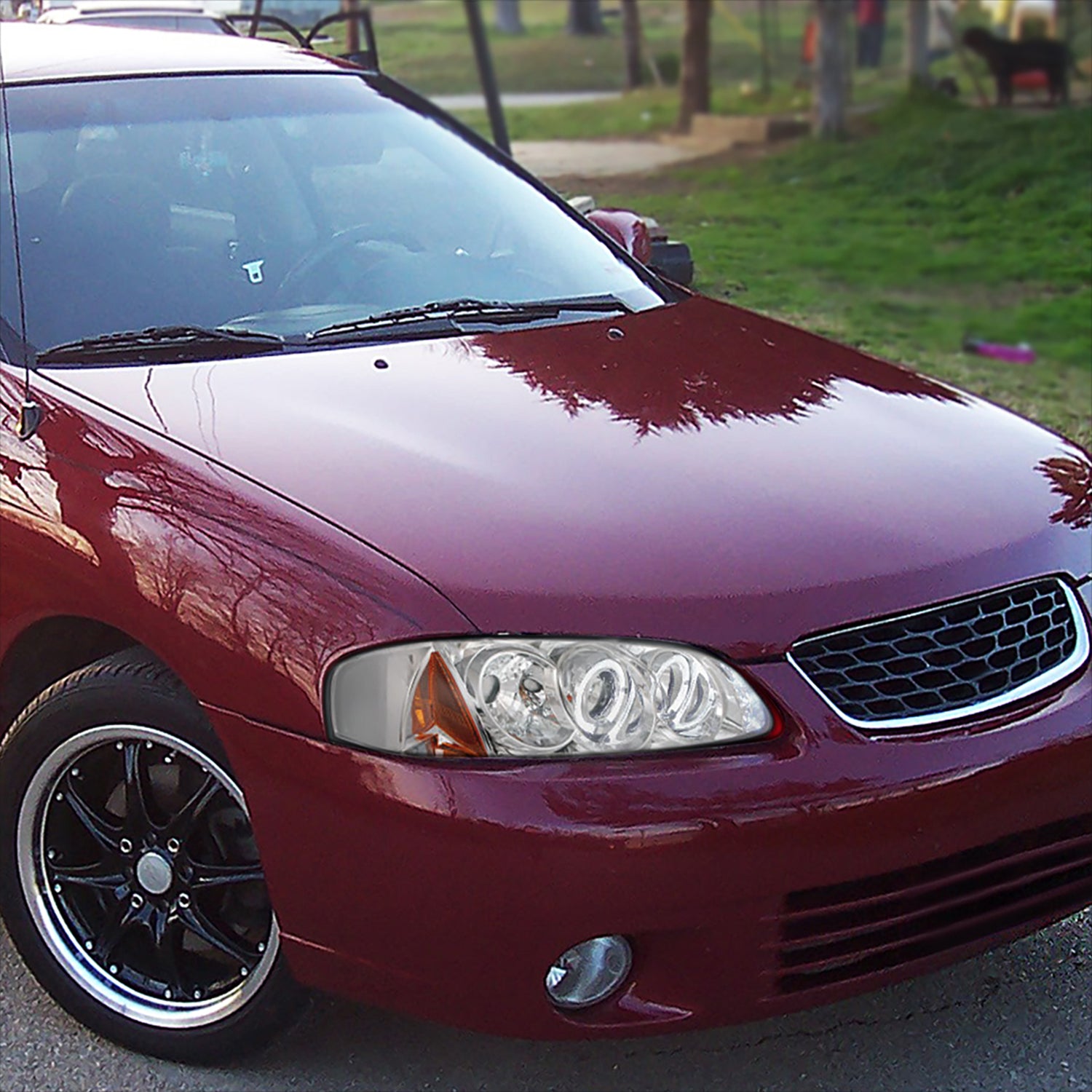 2000-2003 Nissan Sentra Dual Halo Projector Headlights Chrome/Clear Lens