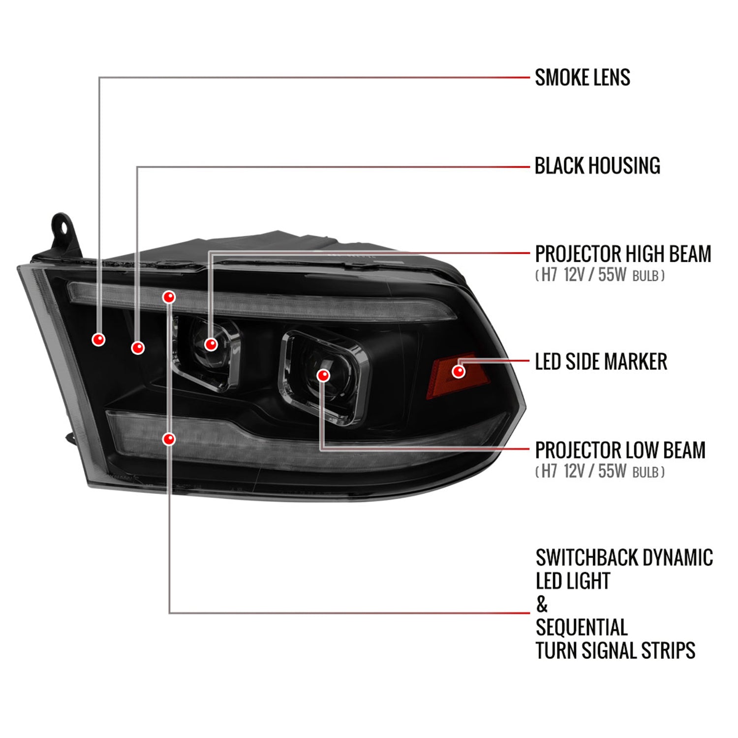 2009-2018 Dodge RAM 1500 / RAM 2500 3500 Headlights Matte Black/Smoked
