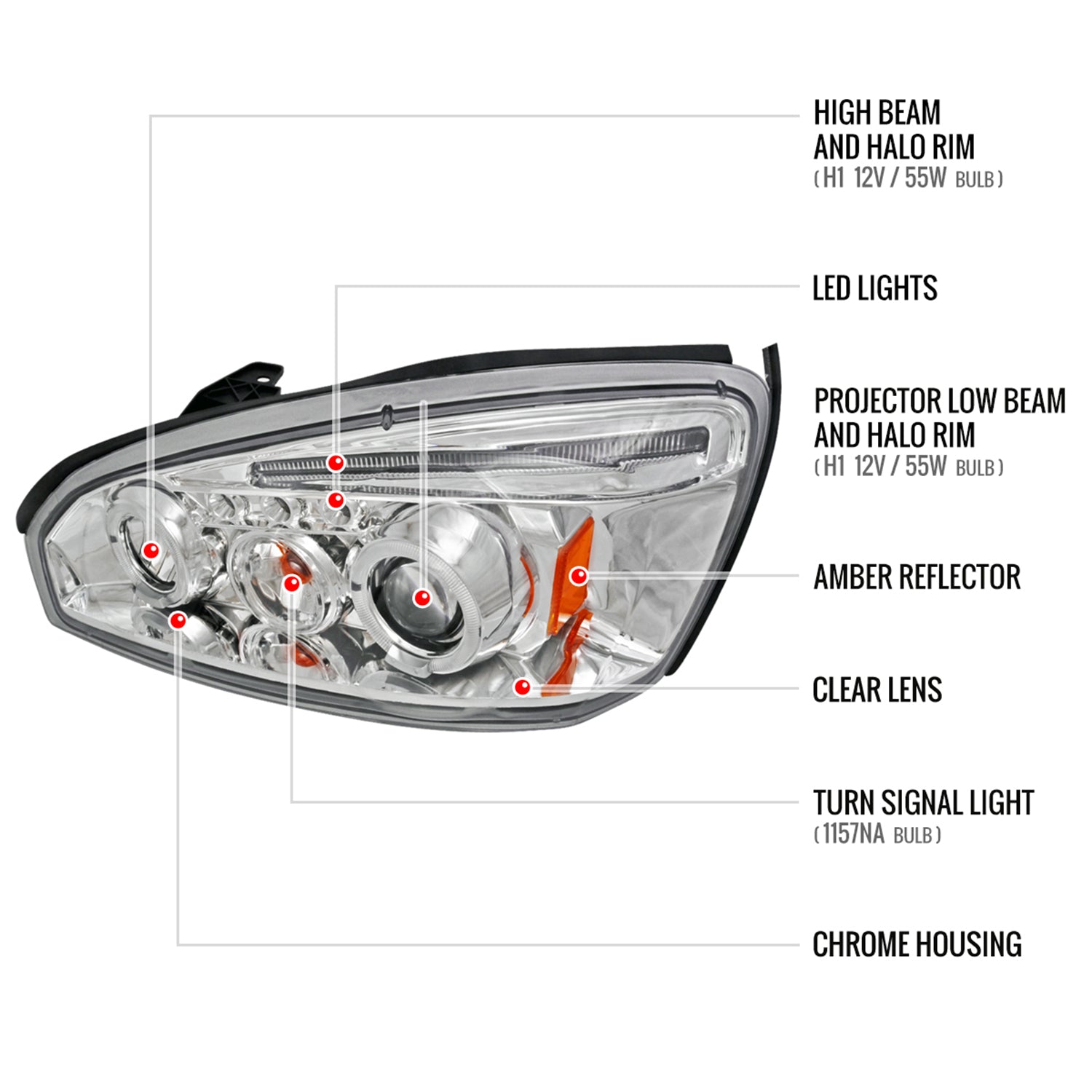 2004-2007 Chevy Malibu Dual Halo Projector Headlights Chrome/Clear Lens