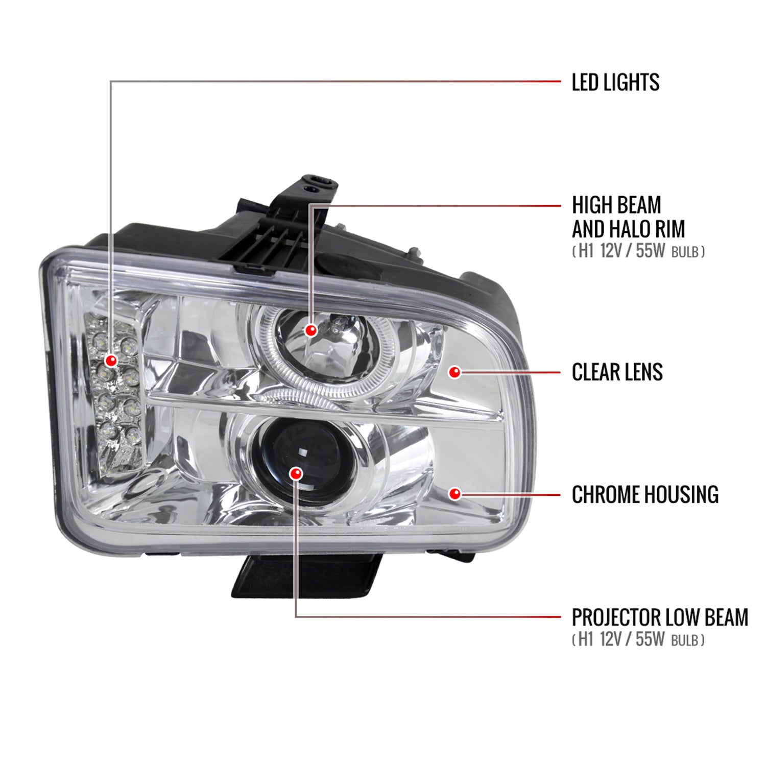 2005-2009 Ford Mustang Halo Projector Headlights LED Light Strip Chrome/Clear