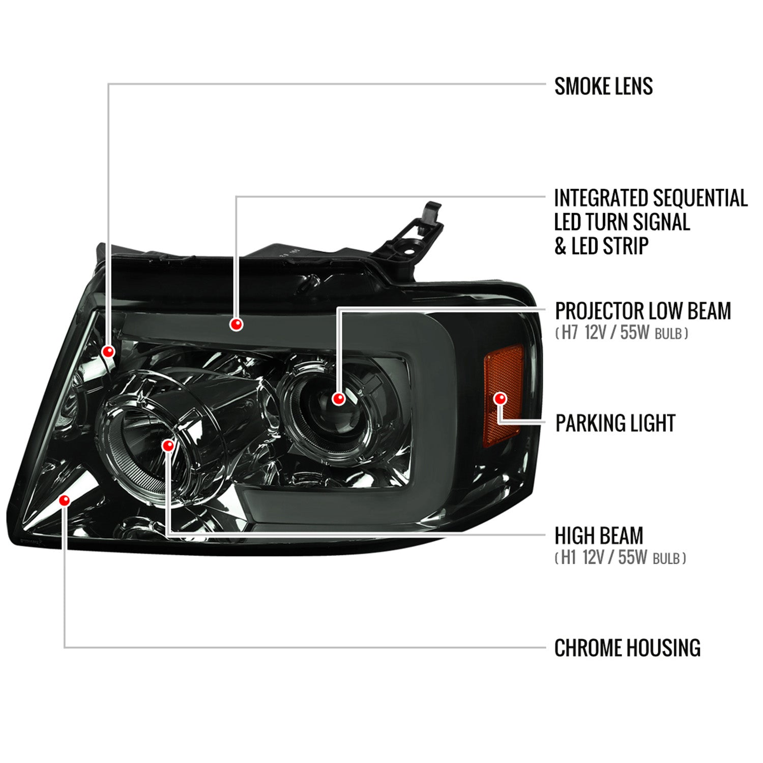 2004-2008 Ford F-150/ 06-2008 Lincoln Mark LT LED C-Bar Headlights Smoke