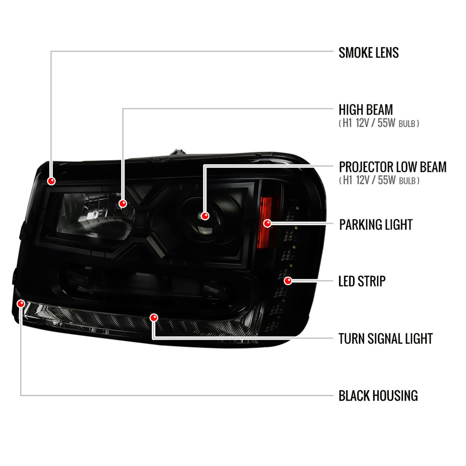 2002-2009 Chevy Trailblazer Projector Headlights w/LED Light Strip Black/Smoke