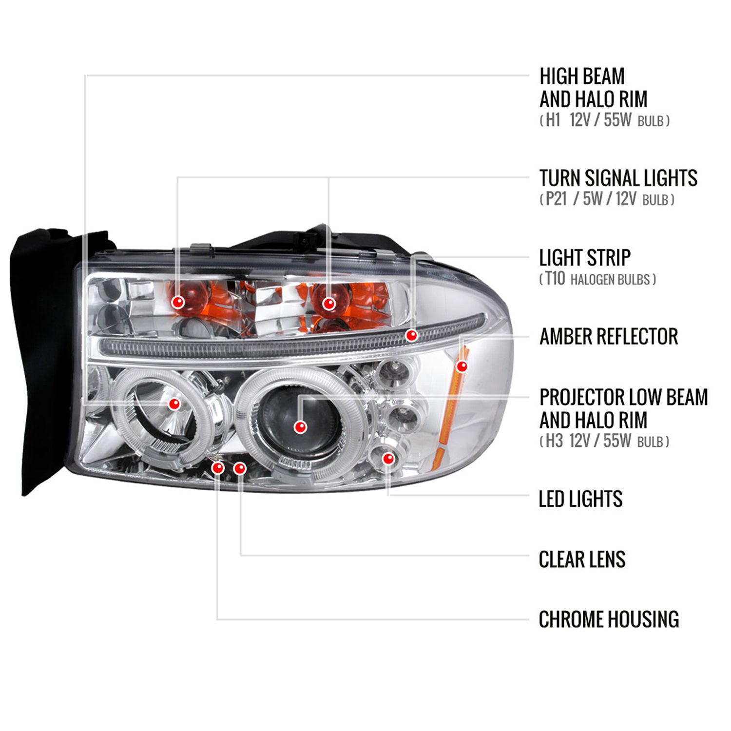 1997-2004 Dodge Dakota/ 1998-2003 Durango Dual Halo Projector Headlights Chrome