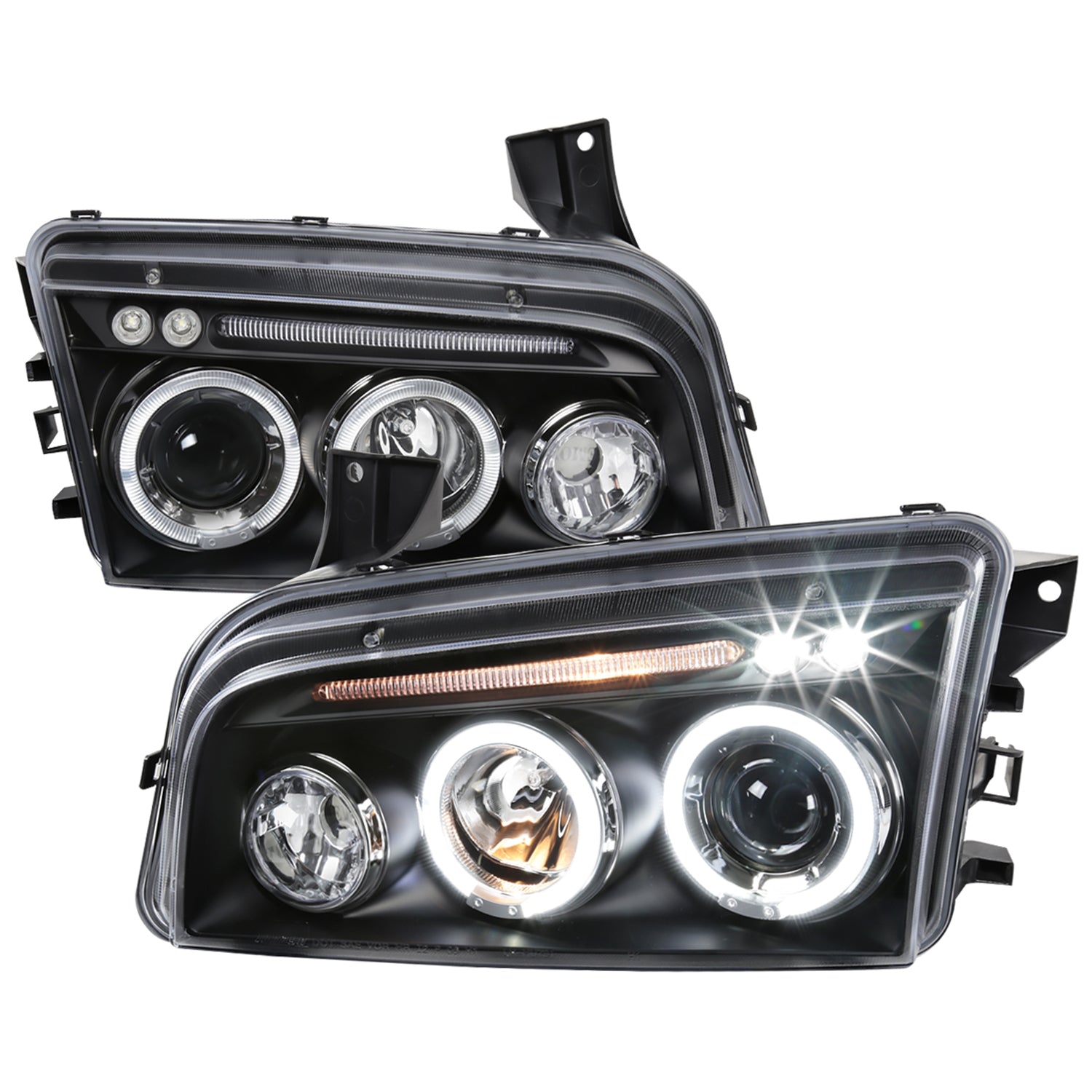 2005-2010 Dodge Charger Dual Halo Projector Headlights Matte Black/Clear Lens