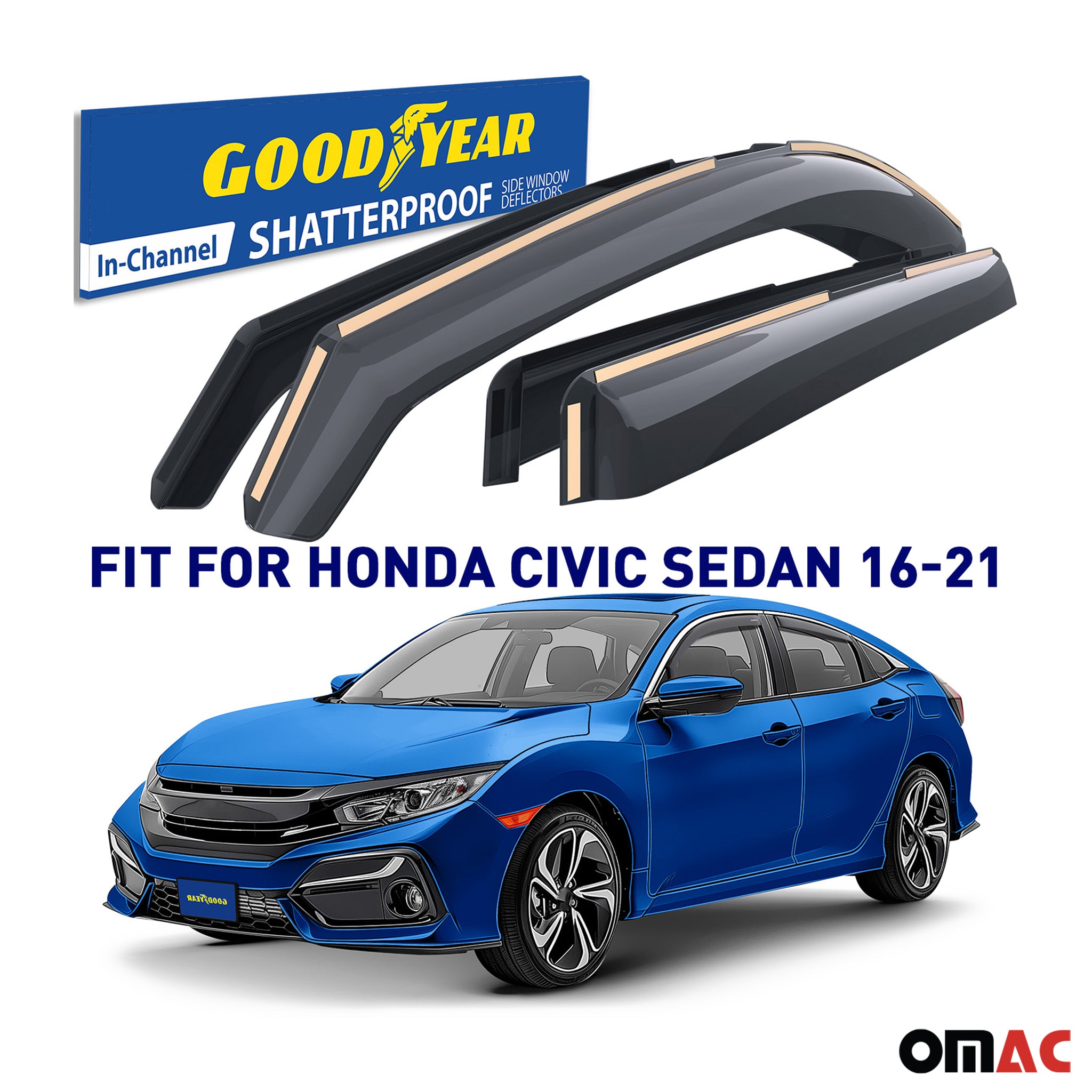 Goodyear Wind Deflectors for Honda Civic 2016-2021 Sedan In-channel Smoke 4 pcs