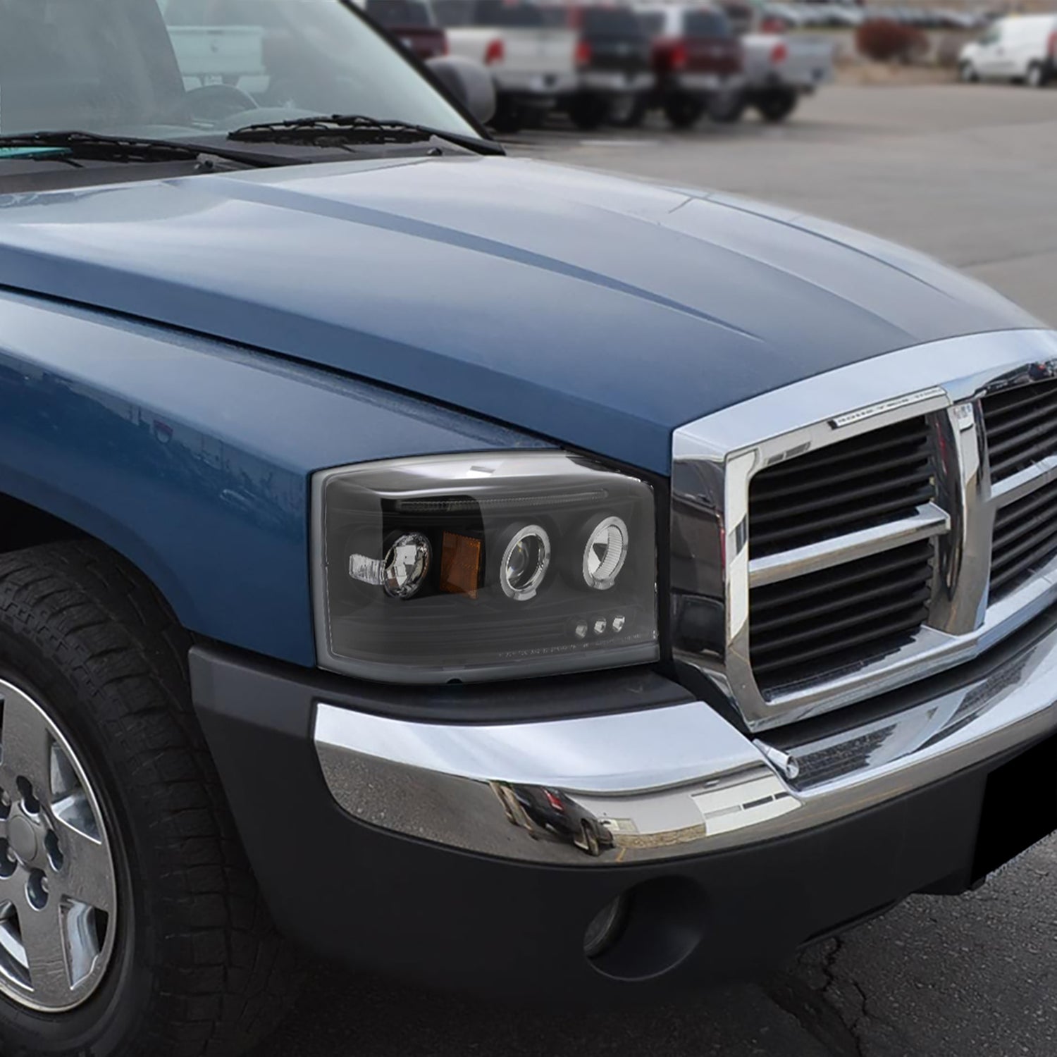 2005-2007 Dodge Dakota Dual Halo Projector Headlights Matte Black/Clear Lens