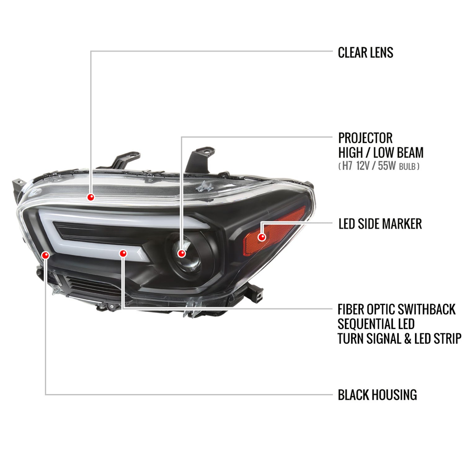 2016-2023 Toyota Tacoma Sequential LED Bar Projector Headlights Matt Black